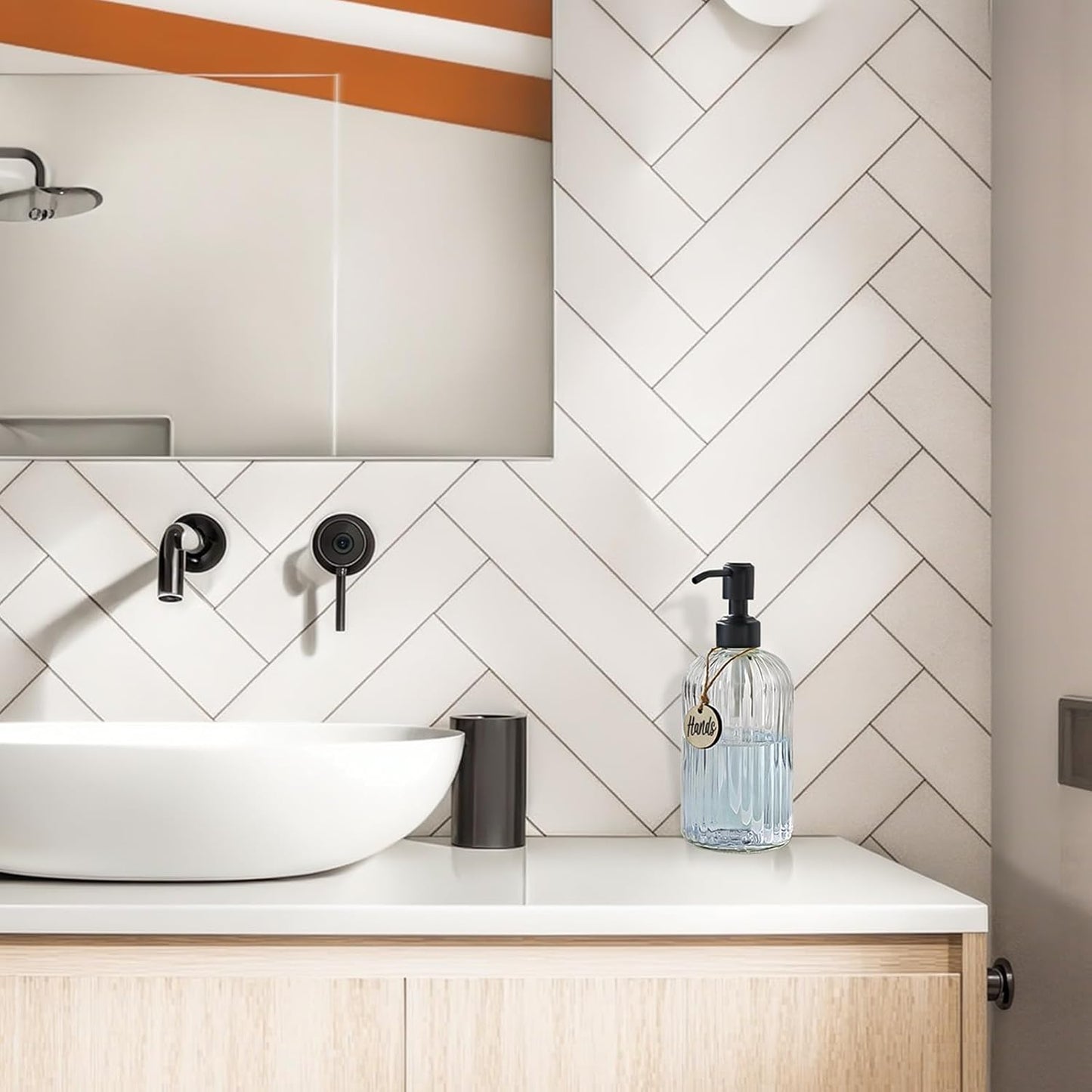 JASAI 18Oz Simple Glass Soap Dispenser with Black Rust Proof Pump,Refillable Kitchen soap Dispenser with Vertical Stripe, Bathroom Soap Dispenser for Dispense Hand soap, Dish Soap, Lotion.