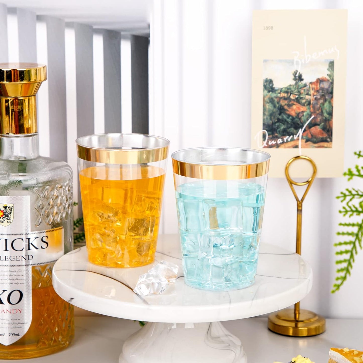 I00000 200 Pack Gold Plastic Cups, 10 oz Clear Plastic Cups Gold Rimmed Disposable Wine Glasses Fancy Disposable Party Cups Wedding Cups Drinking Tumblers Plastic Cocktail Glasses with Gold Rim