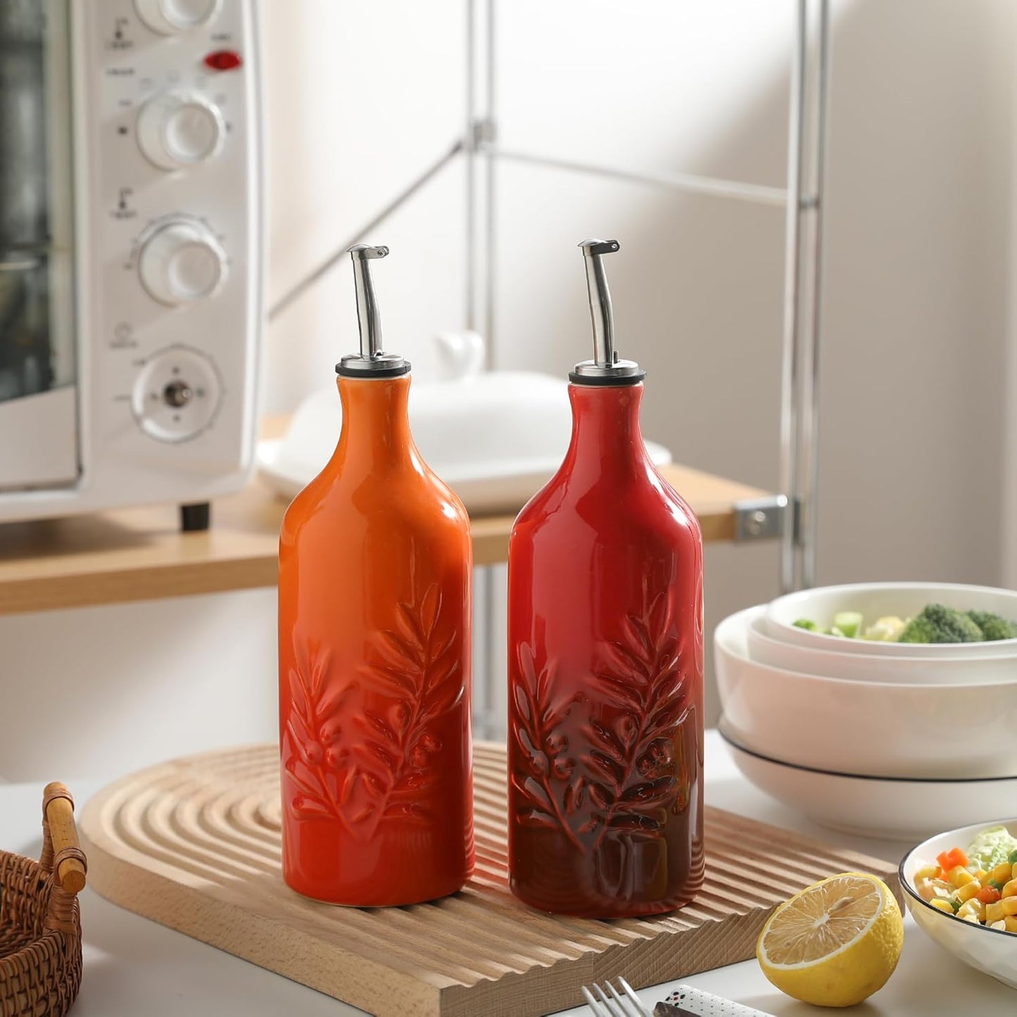 Sweejar Ceramic Olive Oil Dispenser Bottle, 20 Oz Relief Opaque Oil Cruet Protects To Reduce Oxidation, Suitable for Storage Vinegar, Soy Sauce, Coffee Syrup, Liquids, Set of 1 (Gradient Red)