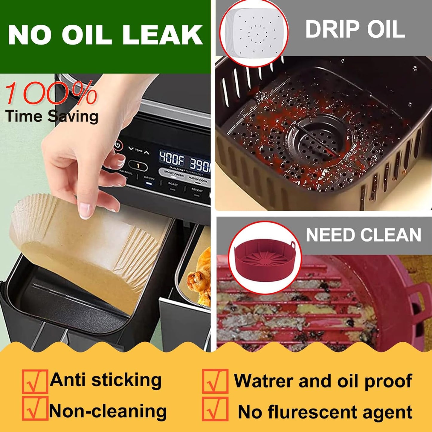 Air Fryer Liners for Ninja Dual, Air Fryer Parchment Paper Liners Disposable for Ninja DZ201, Ninja Foodi Liners, Disposable Ninja Dual Rectangular, AirFryer Paper Liners Rectangle Accessories Ninja