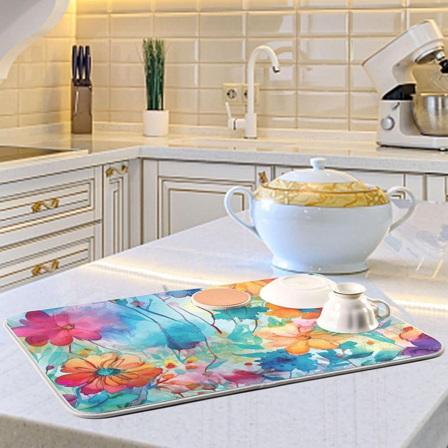 Colorful Beautiful Flowers Dish Drying Mat for Kitchen Counter Absorbent Microfiber Drying Pad, Large 18x24 in, Reversible Drainer Mats