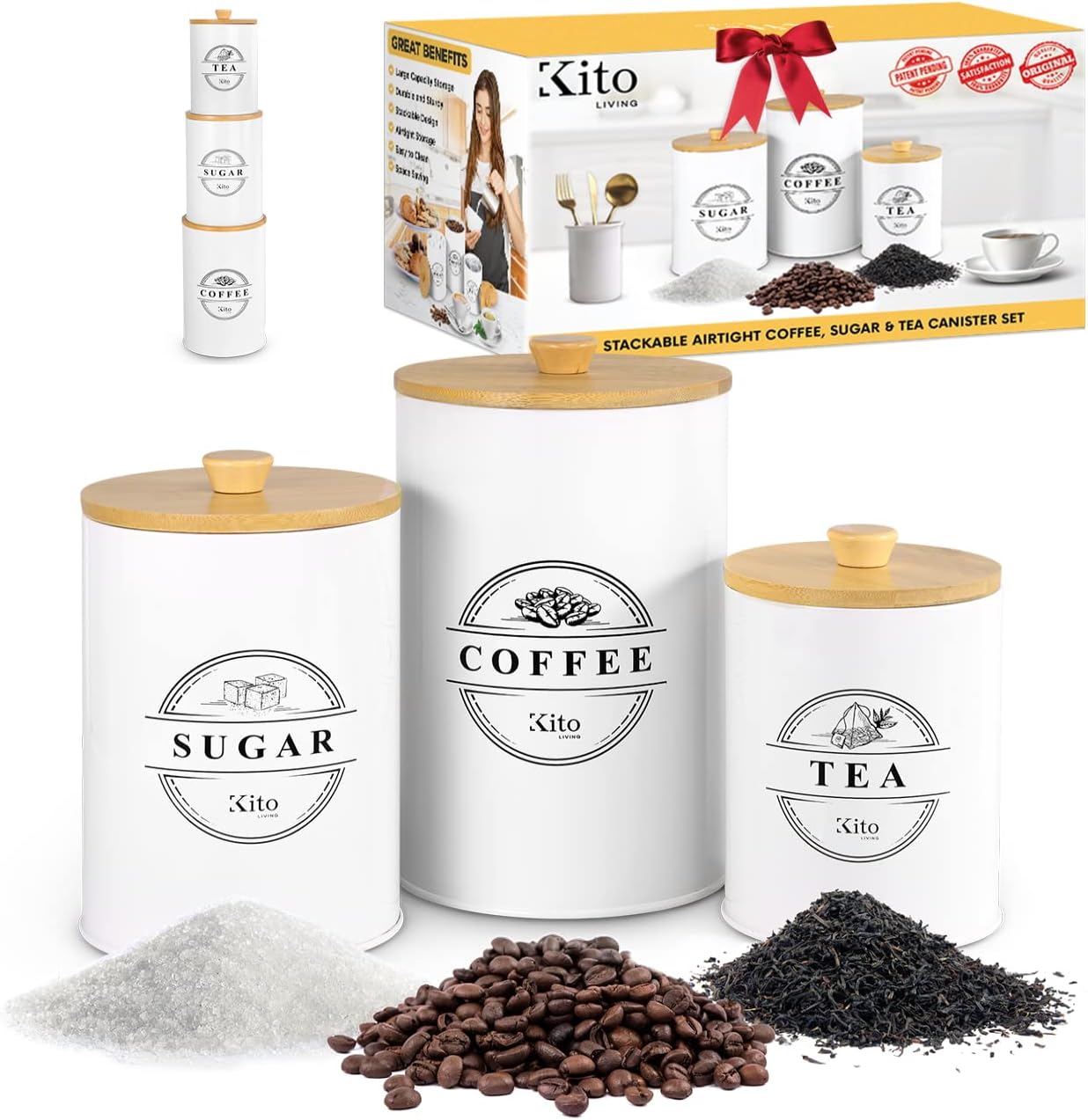 Canisters Sets for Kitchen Counter Storage and Organization with Wooden Bamboo Lids, Food Pantry Containers, Stackable Steel Storage Bins, Airtight Sugar Tea Coffee Canisters - White