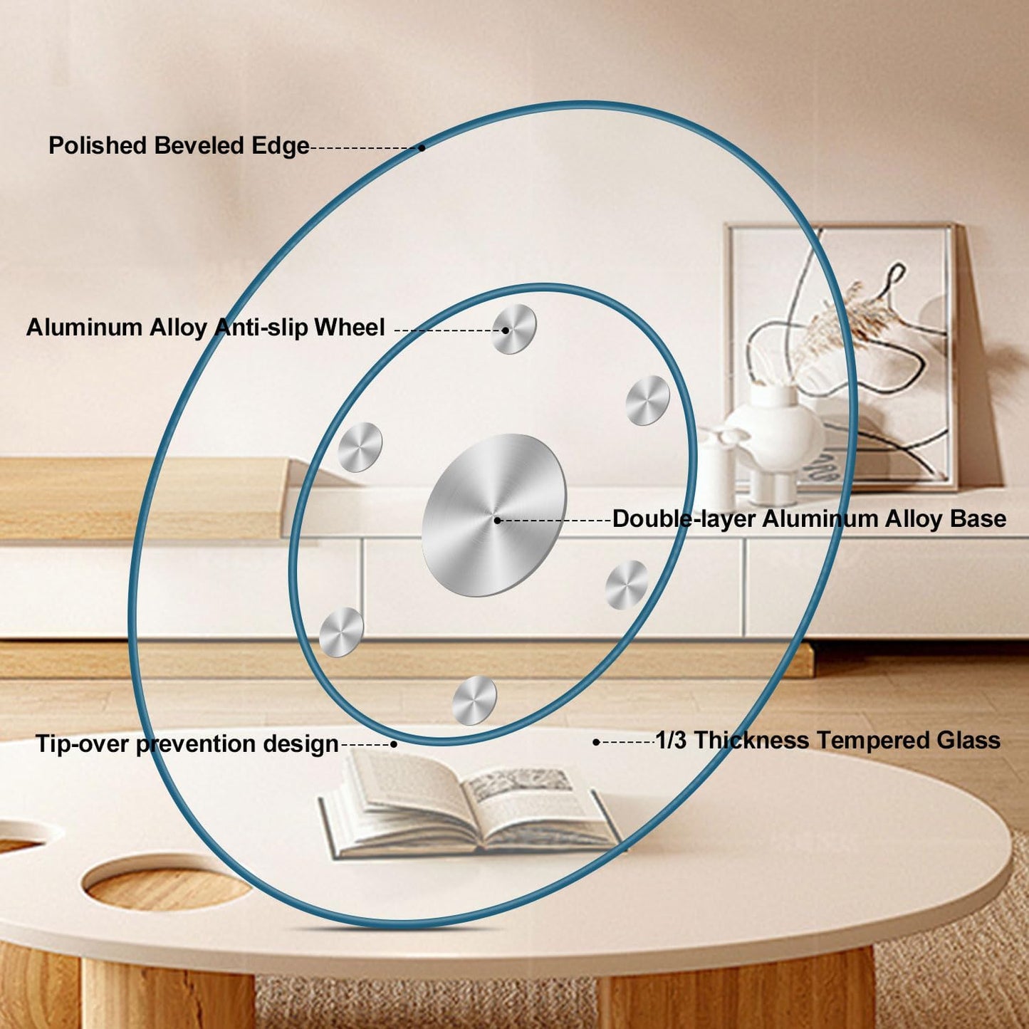 30" Heavy-Duty Lazy Susan - 1/3" Extra-Thick Tempered Glass (50% Thicker!) - Anti-Tip Silent Turntable for Dining Tables, Banquets