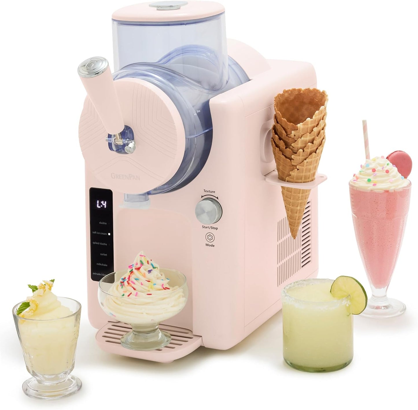 GreenPan Frost Ice Cream Machine & Frozen Drink Maker, Soft Serve, Slushie, Milkshakes & Cocktails, No Freezer Needed, 15-in-1, 7 Textures, Quiet & Rapid, Easy Clean, Family Size, Strawberry Pink