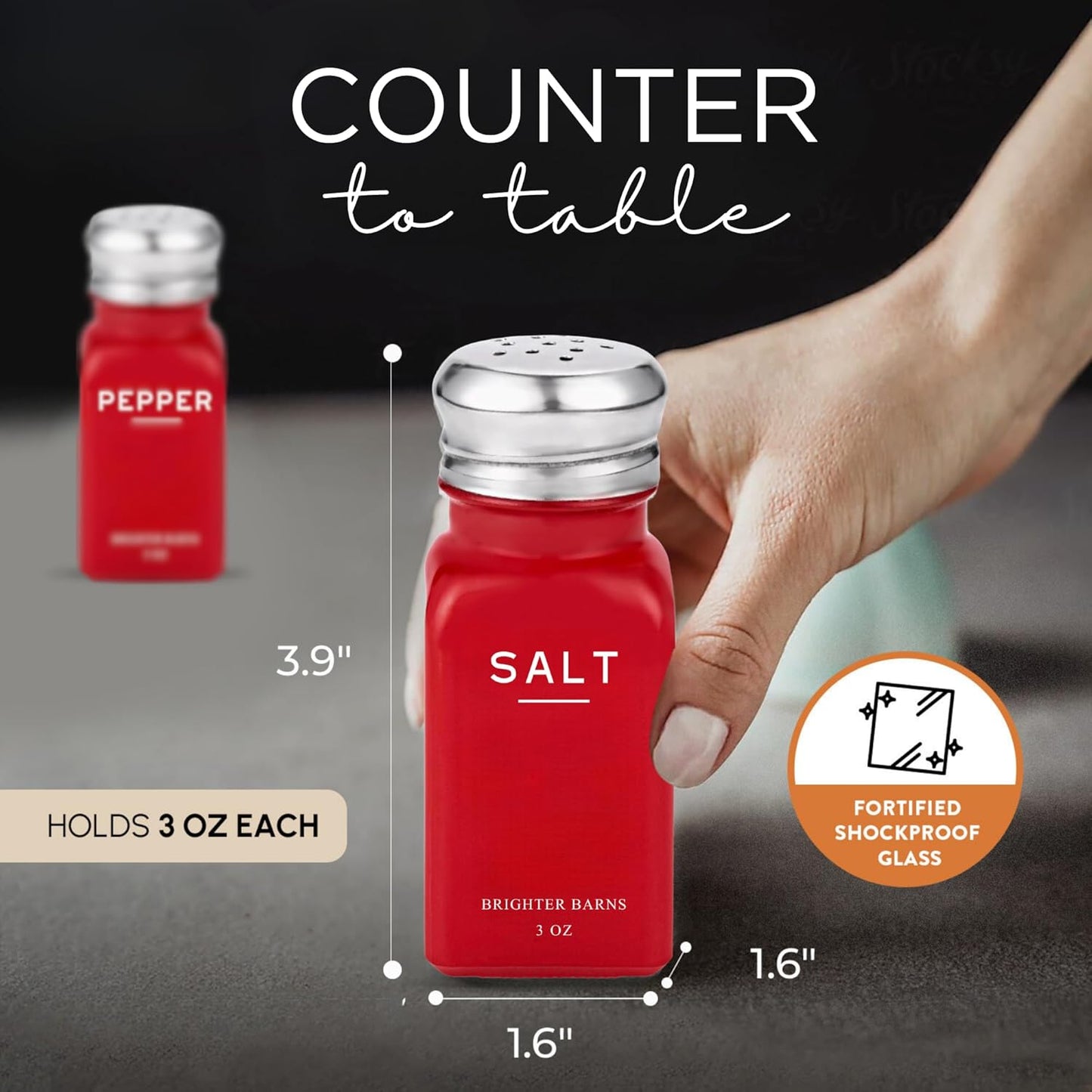 Red Salt and Pepper Shakers Set by Brighter Barns - Modern Red Kitchen Decor, Red Kitchen Accessories - Cute Glass Salt and Pepper Set with Stainless Steel Lids for Kitchen, Restaurants, Gifts (Red)