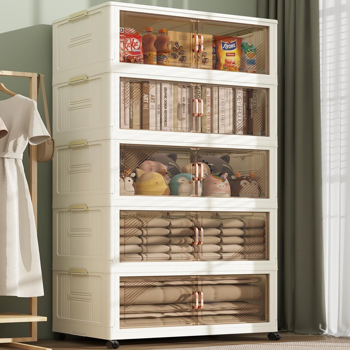 KHNR 5Packs Stackable Storage Bins with Lid, 36 Gal Closet Organizer and Storaging Drawer, Collapsible Storage Box with Wheels, Plastic Clothes Storage Cabinet Containers for Home, Office, Dorm