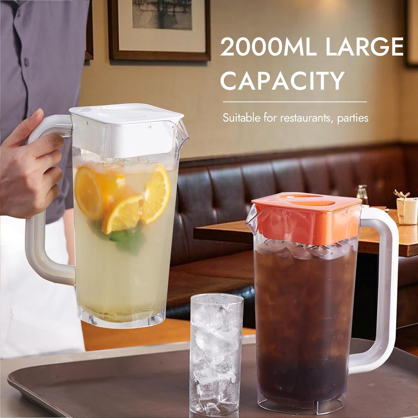 CURTA 2 Pack 2 Liters/68 oz Plastic clear Square Pitcher with Lid & Handle for Kitchen,ICED JUICE and Coffee Carafe Beverage Serveware, Acrylic Water Jug for Hot/Cold Drinks&lemonade