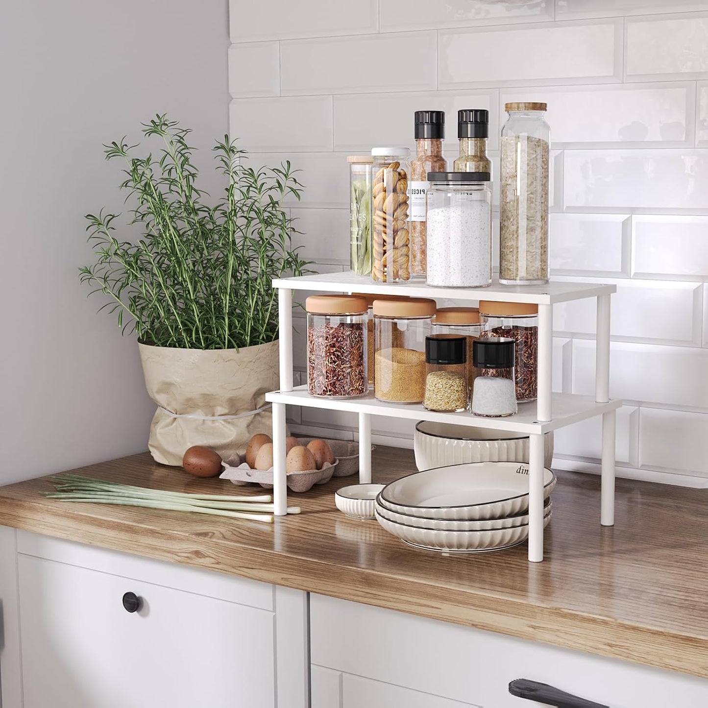 Cabinet Organizer Shelf(Set of 2),Kitchen Counter Shelves,Bamboo Spice Rack Countertop and Cabinet,Stackable Expandable,Large(White)