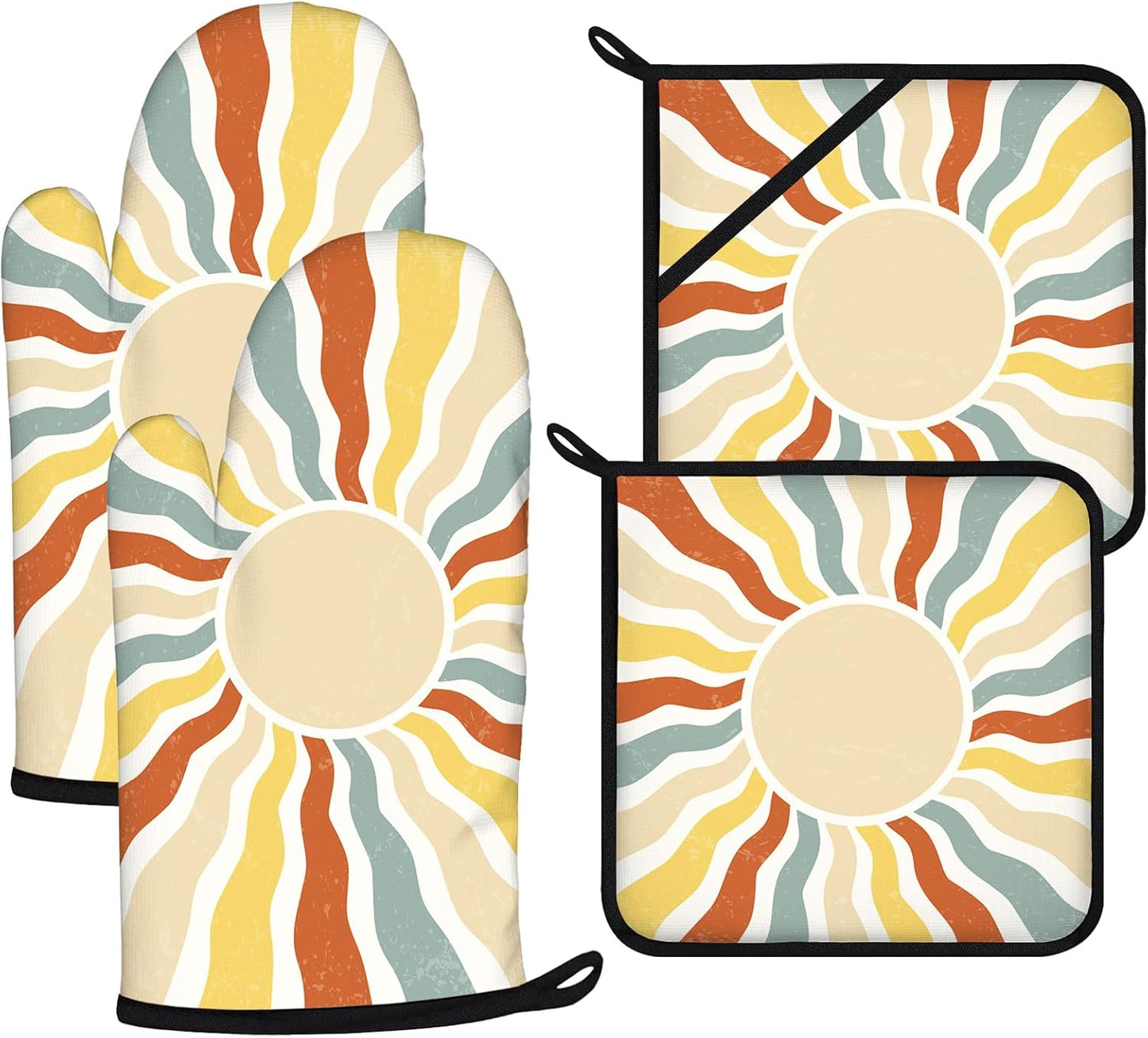 Boho Sun Oven Mitts and Pot Holders Sets 4Pcs,Extra Long Oven Gloves Potholder for Kitchen Cooking Baking BBQ 100% Cotton Heat Resistant