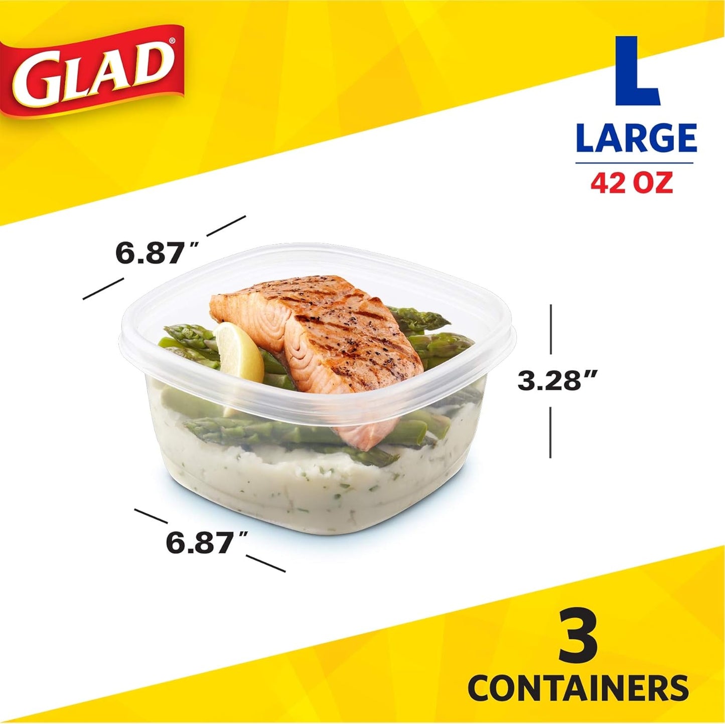 Glad GladWare Tall Entree Food Storage Containers - Large Square - Meal Container Holds up to 42 Ounces of Food - Lock Tight Seal, 3 Count - 6 Pack