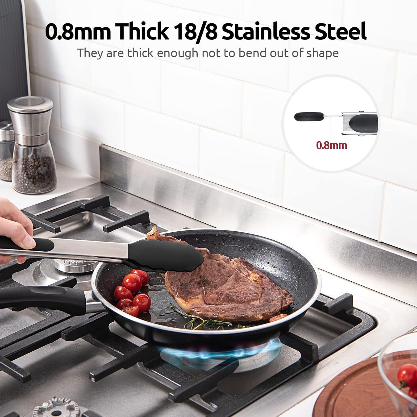 Heat Resistant Silicone Kitchen Tong: U-Taste 12 inch Large 480ºF Hot Proof Cooking Tong with Sturdy Non Stick Rubber Tips & Silicon Coated Steel Handle & Smooth Locking for Serving Grill Salad(Black)