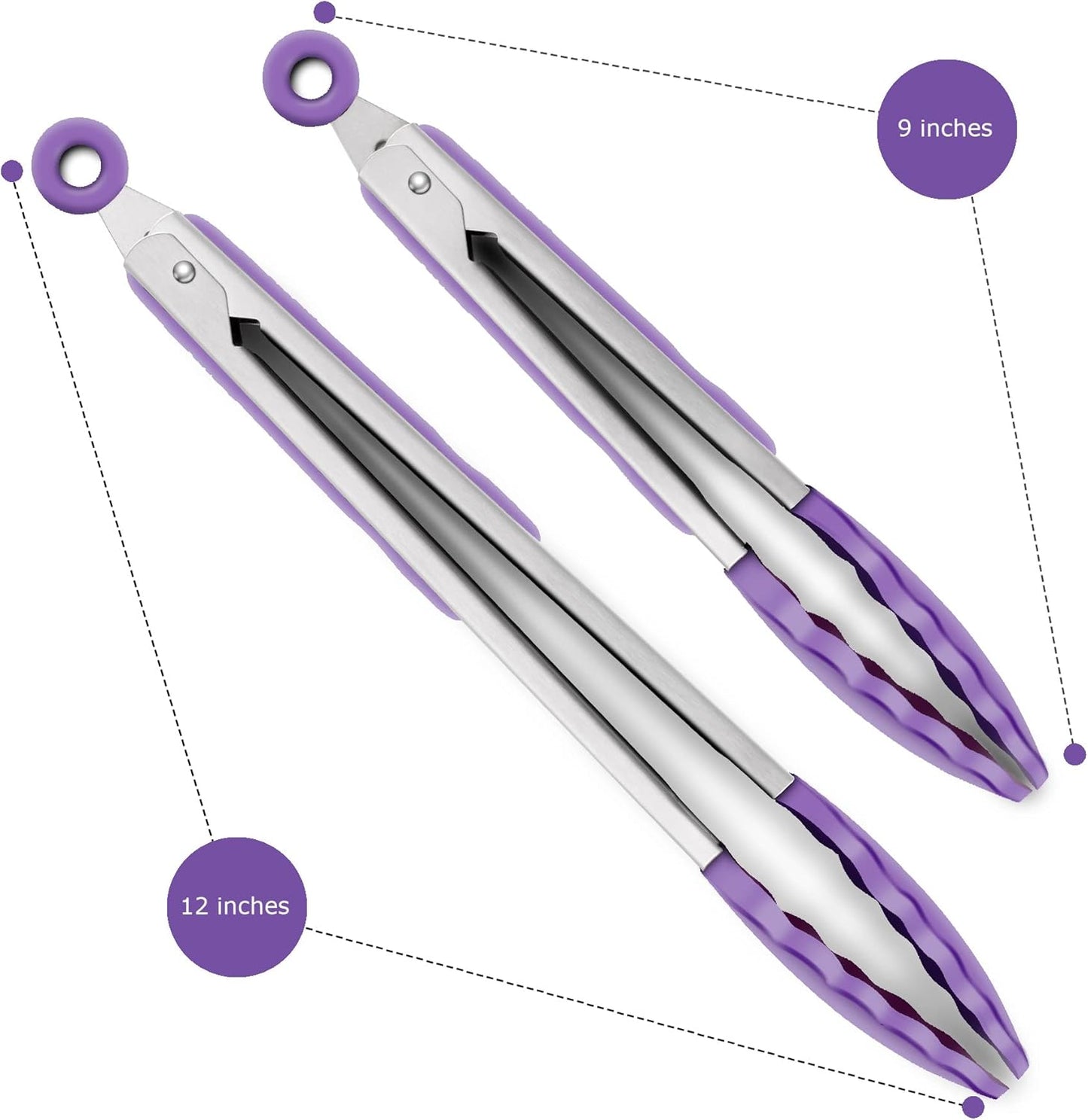 Set of 2 Kitchen Tongs 9-Inch & 12-Inch, Premium Stainless Steel BPA Free Silicone Non-Stick Grilling Barbeque Cooking Locking Food Tongs, Purple