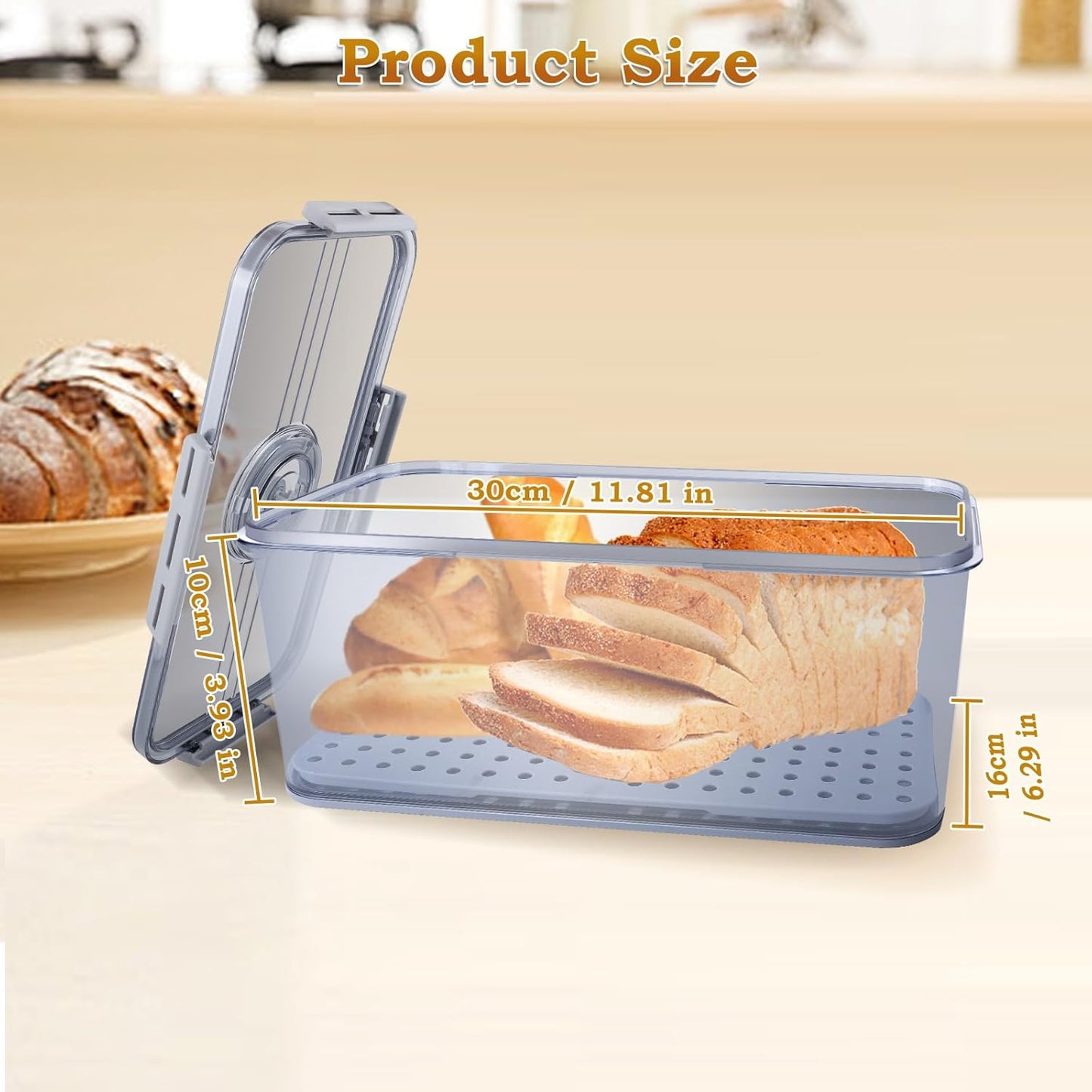 Bread Box for Kitchen Counter, Time Recording Bread Storage Container with Lid，Transparent Bread Storage Device with Drainage Pad, Homemade Bread Storage Container, Toasted Bread 11.81“x6.29”x3.93"