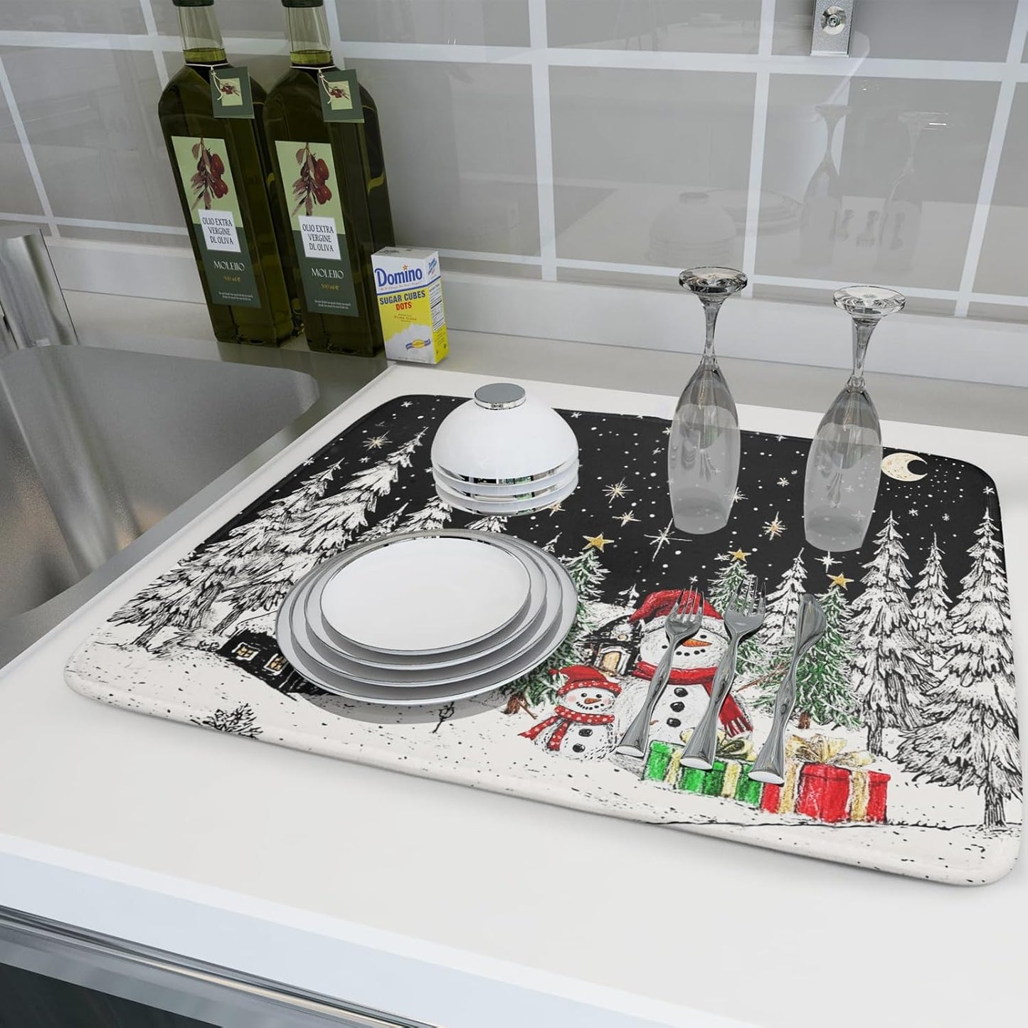 Winter Snowman Dish Drying Mat 24 X 18 in Black Microfiber Dish Pad Absorbent Holiday Kitchen Accessories