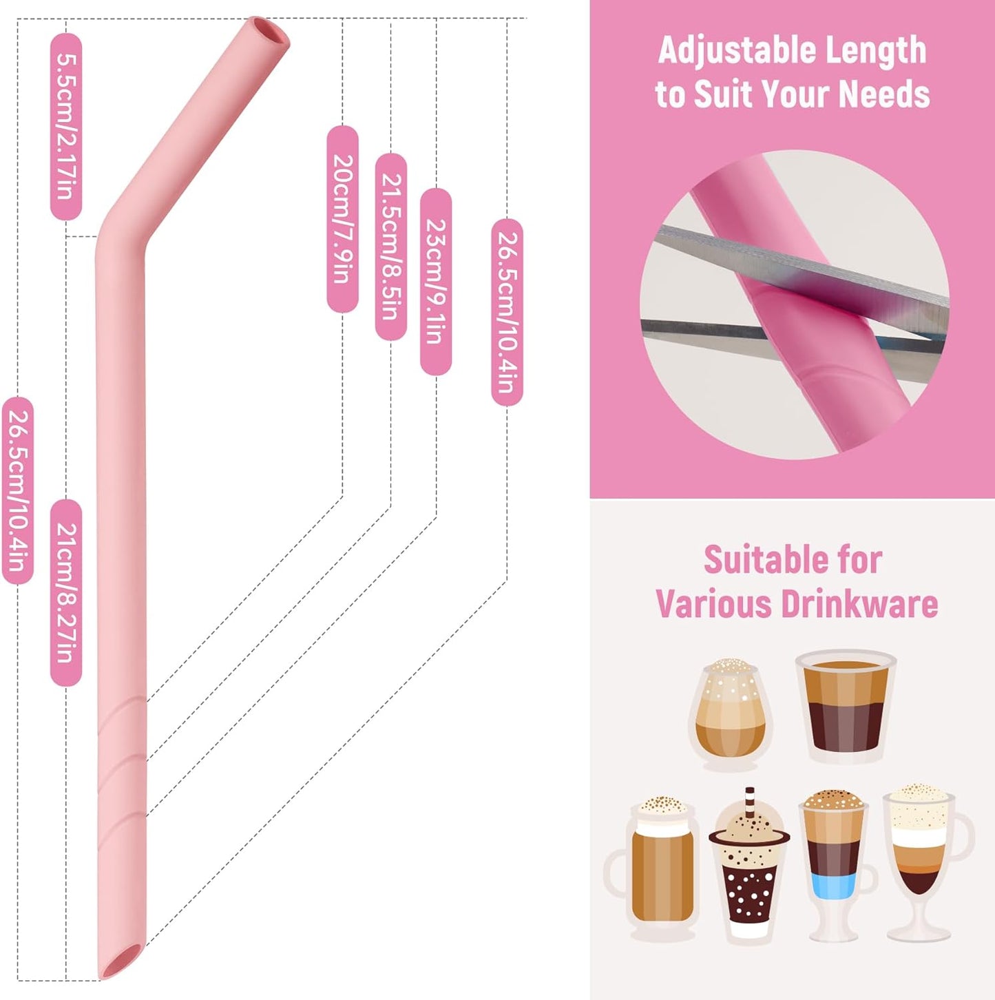 NiHome 6PCS Extra Wide Reusable Bent Silicone Straws for Boba, Smoothies, Bubble Tea, Eco-Friendly Bent Straws for Thick Drinks, Child-Safe, Customizable Length, 2 Brushes for Cleaning (Pink Gradient)