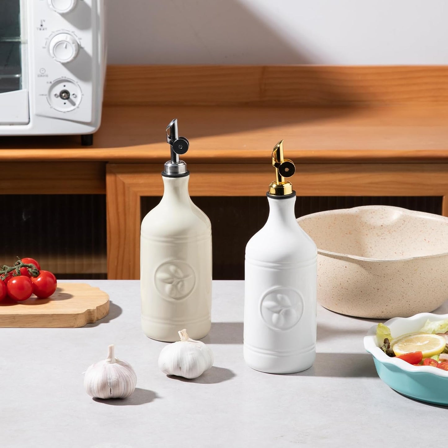 Sweejar 16 Oz Ceramic Olive Oil Dispenser Bottle, Oil Dispenser for Kitchen with Gravity Spout, Relief Opaque Oil Container for Evoo, Avocado Oil, Vinegar, Soy Sauce, 1 Pack(White, Gold Spout)