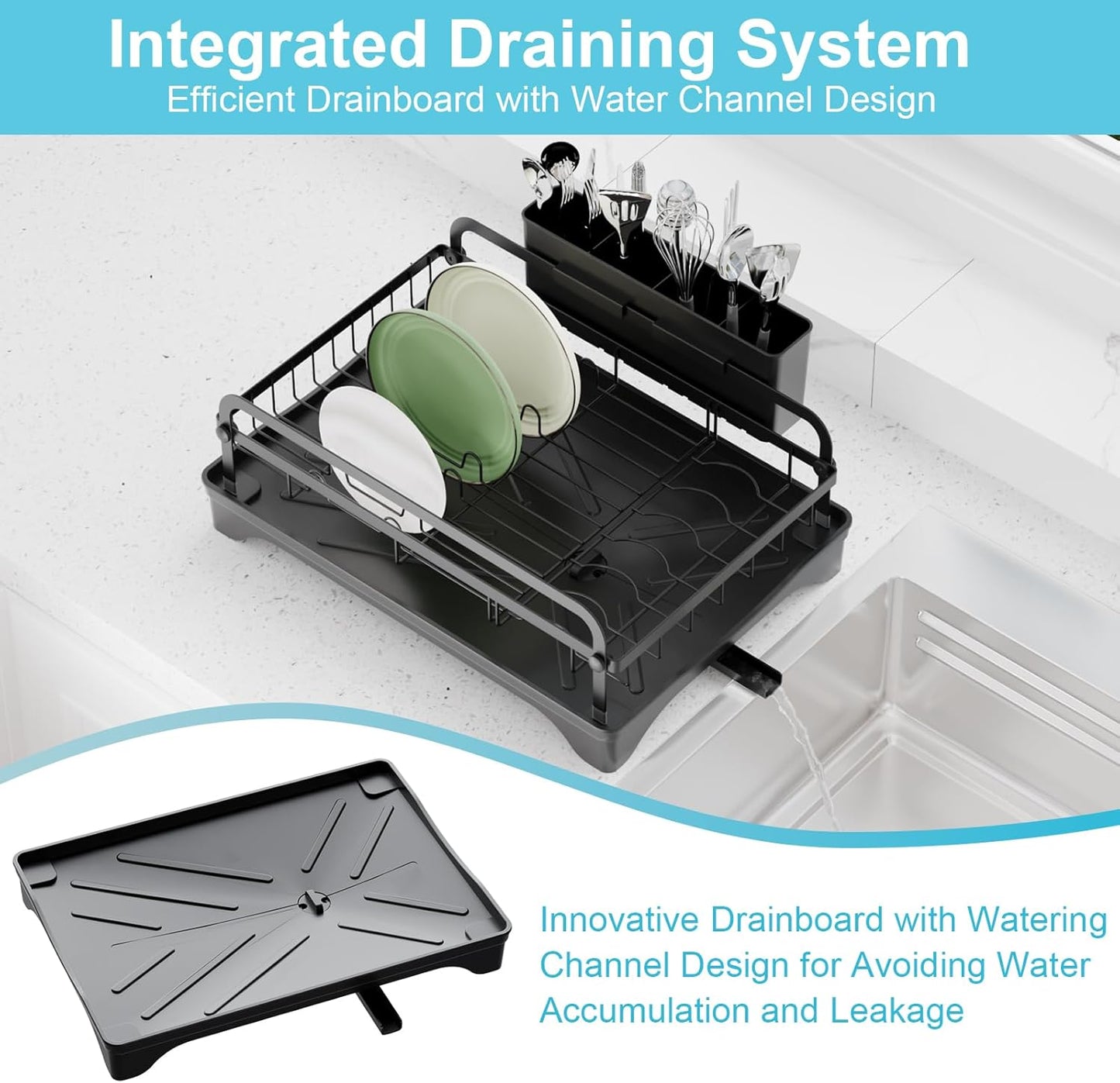 Dish Drying Rack for Kitchen Counter - Large Dish Rack with Drainboard, Rustproof Dish Drainer with Drainage Spout & Utensil Holder for Sink, Black