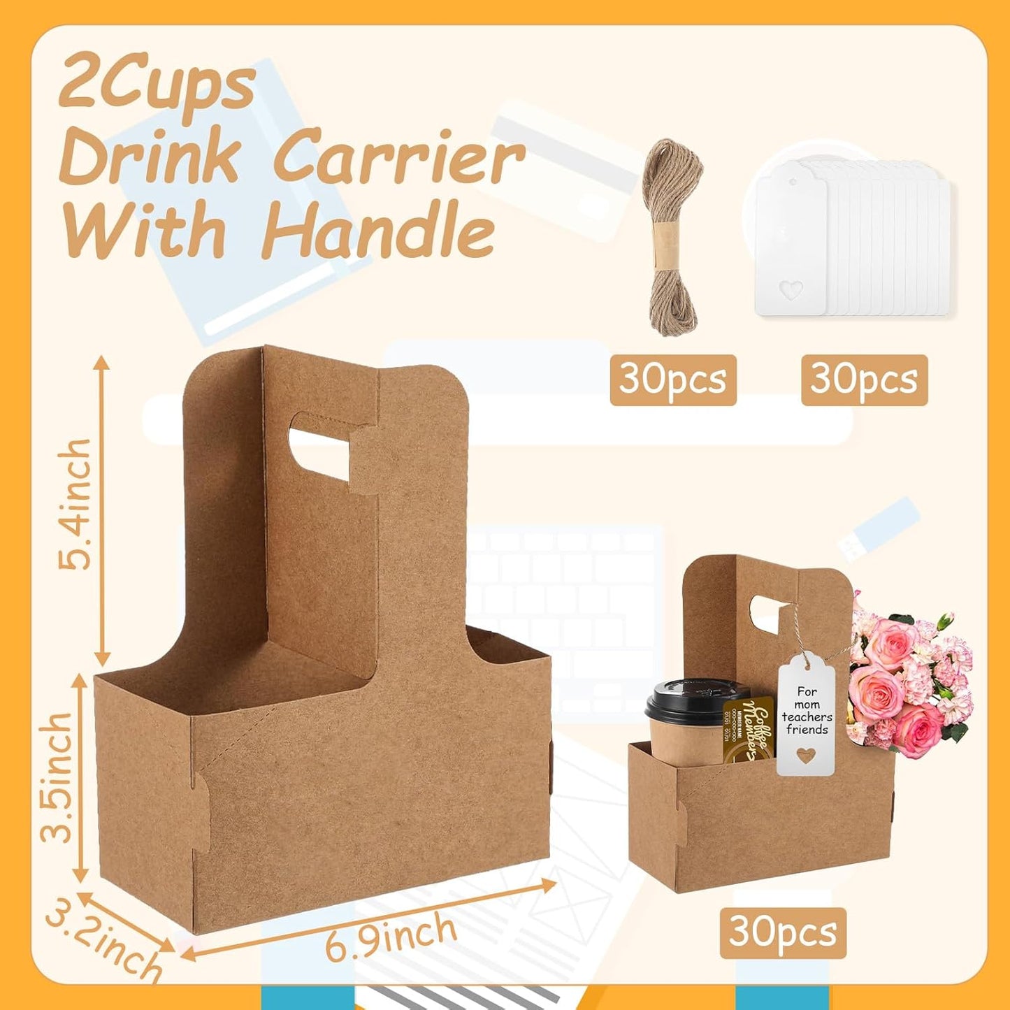 30 Pack 2 Cup Disposable Drink Carrier with Handle Paperboard Coffee Cup Holder Portable for Hot Cold Drinks Food Delivery Services with Heart Card for Teacher Appreciation Week Mother's Day