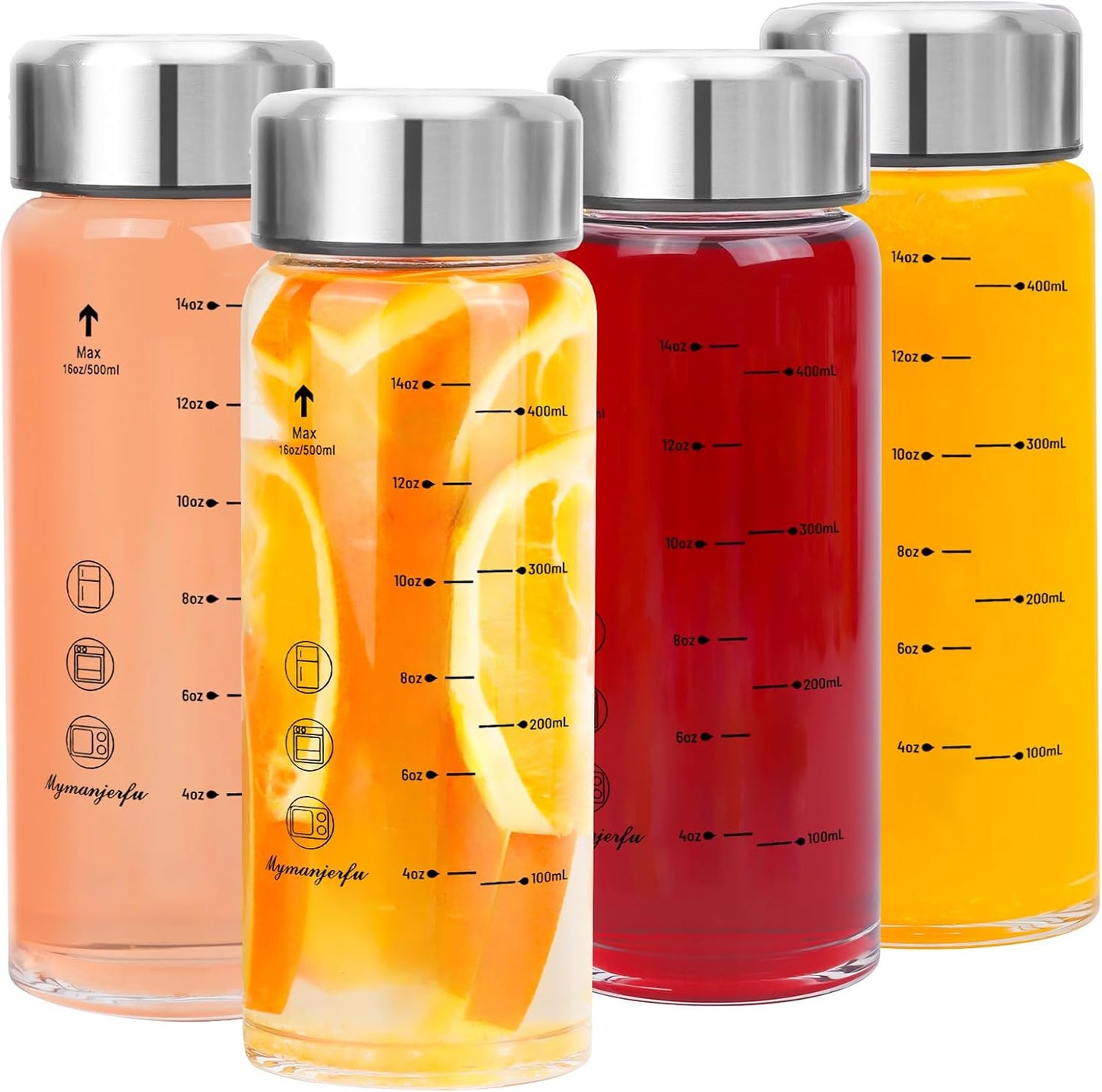 Glass Juice Bottles 4 Pack 16 oz - Wide Mouth Glass Water Bottles with Lids - for Juicing, Smoothies, Milk, Protein, BPA Free, Reusable, Stainless Steel Lids, Leak Proof, Shaker bottle [16oz/500ml]