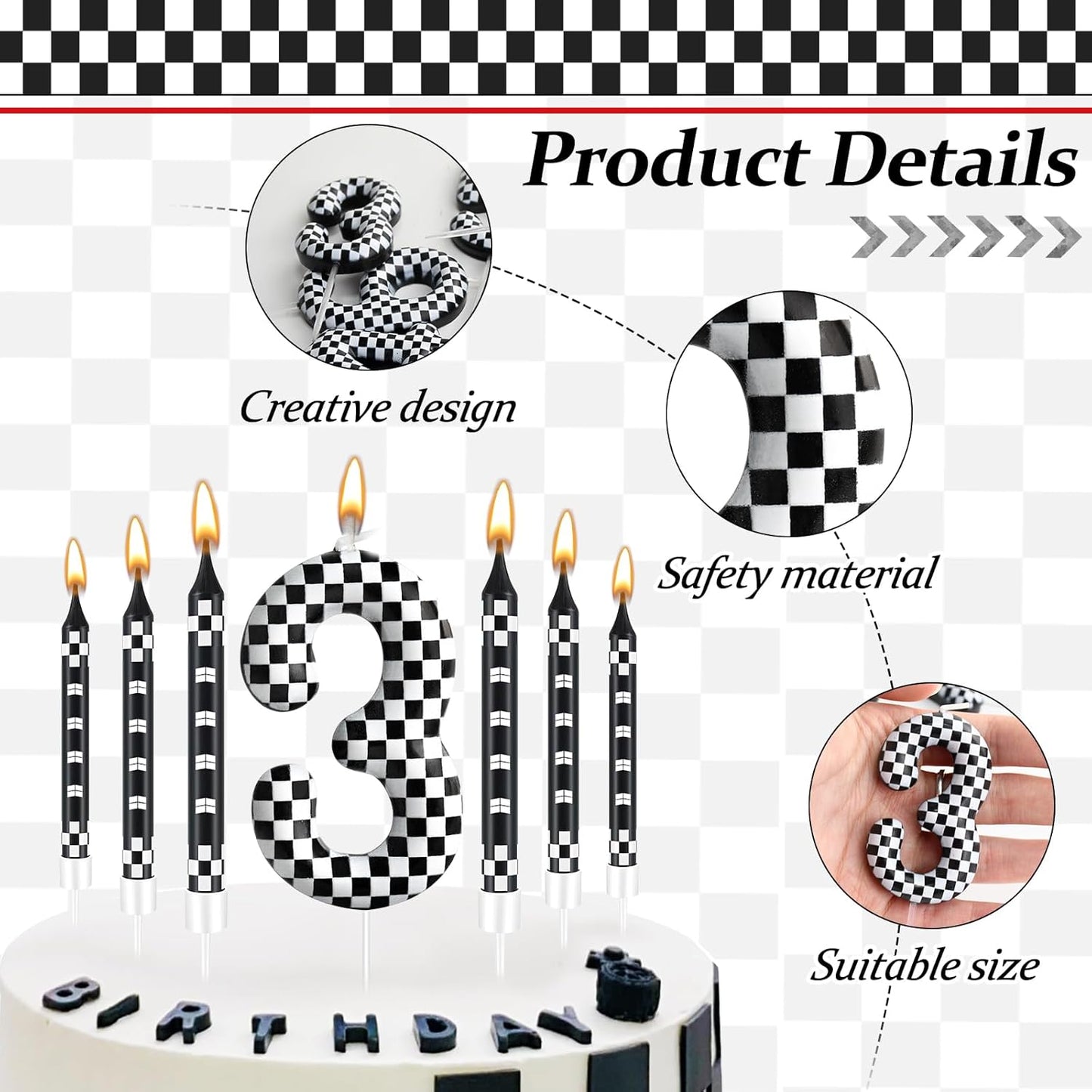 13 Pcs Racing Cars Themed Birthday Candles Black and White Race Number 3 Checkered Candle Cake Topper for Racing Car Party Decoration Supplies (Number 3)