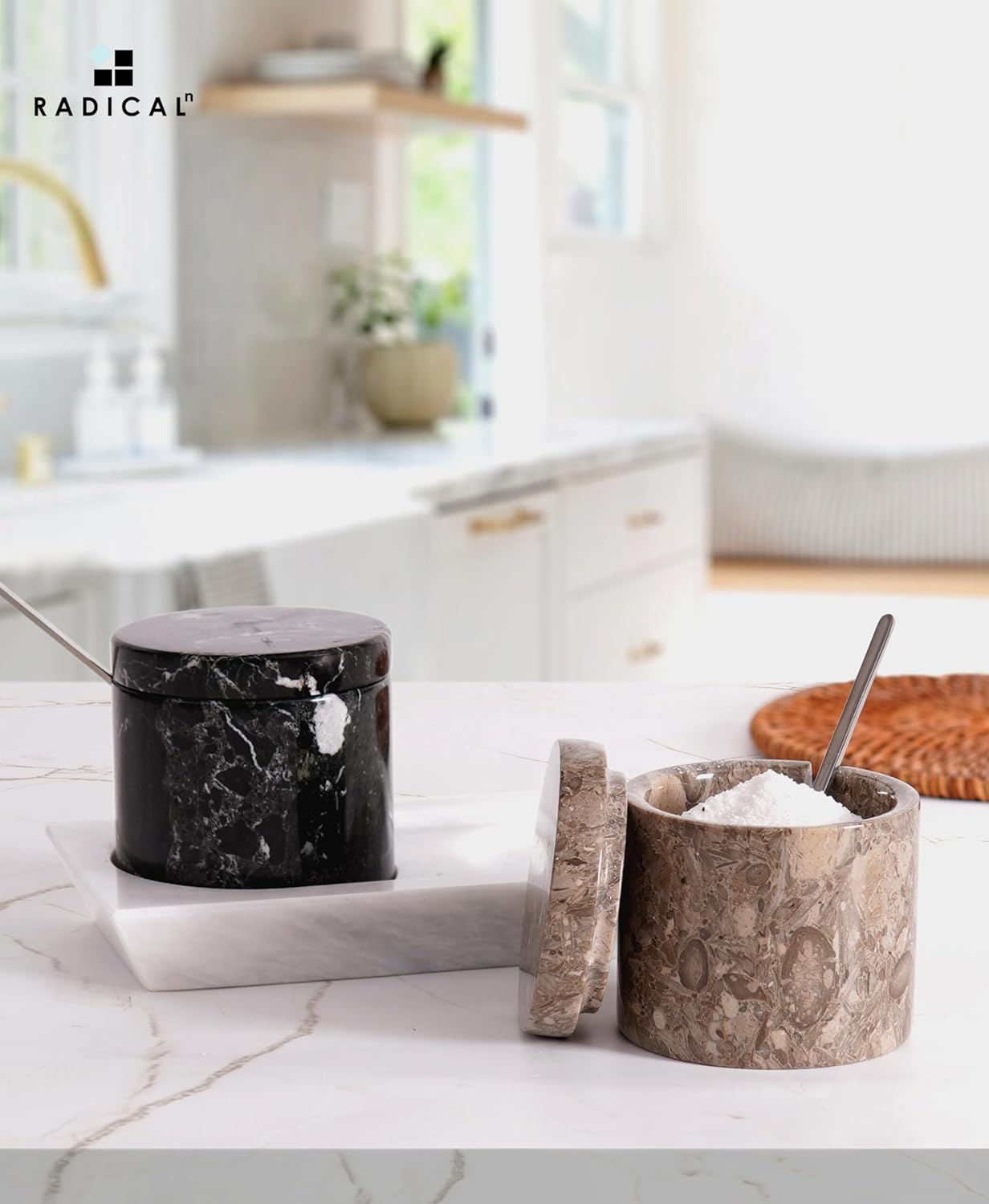 Radicaln Marble Salt Cellar with Lid and Tray 3" Inch Handmade Oceanic & Black Salt Container, Set of 2 Seasoning Jars for Kitchen countertop, Ideal Sugar bowl