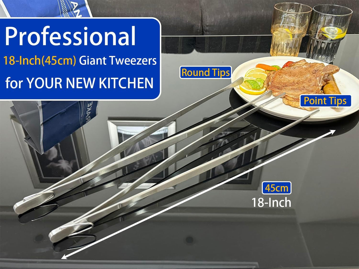 JETKONG 18 Inch (45cm) Extra Long Grill Tongs, Heavy Duty Stainless Steel Tweezer Tongs for Cooking, Grilling, Barbecue/BBQ, Buffet and Turning Food (Point Tips)