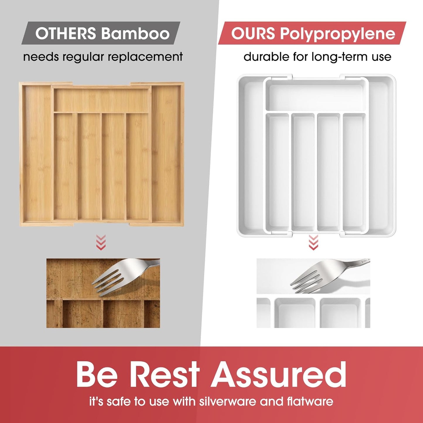 Aujen Silverware Organizer - Expandable Kitchen Drawer Organizer, Adjustable Utensil Organizer, Cutlery Tray for Forks, Knives, Multipurpose Kitchen Organizers and Storage Solution, White, Medium