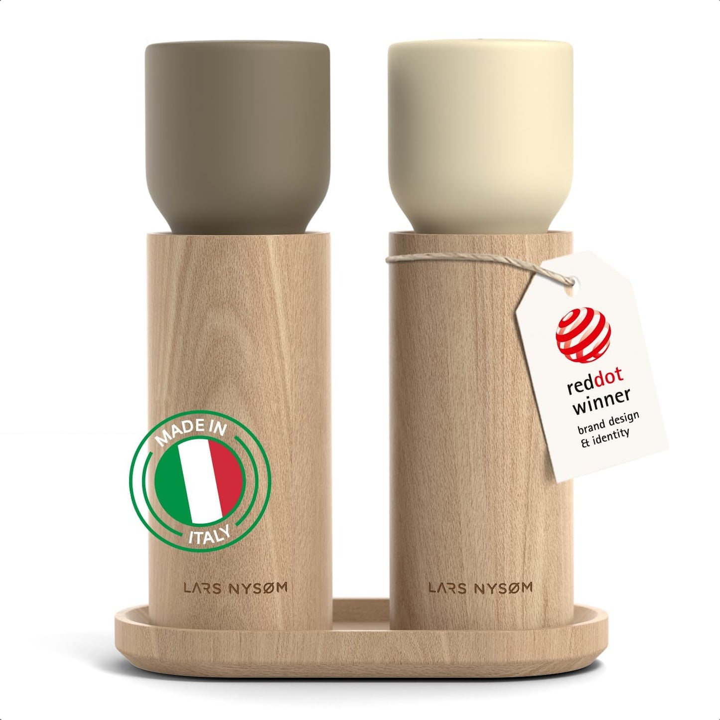 LARS NYSØM Wooden Salt and Pepper Grinder Set Manual with Tray - Salt and Pepper Mills with Adjustable Ceramic Grinder - Elegant Beechwood Pepper and Salt Mill Set for Dining Table (Brown/Beige)