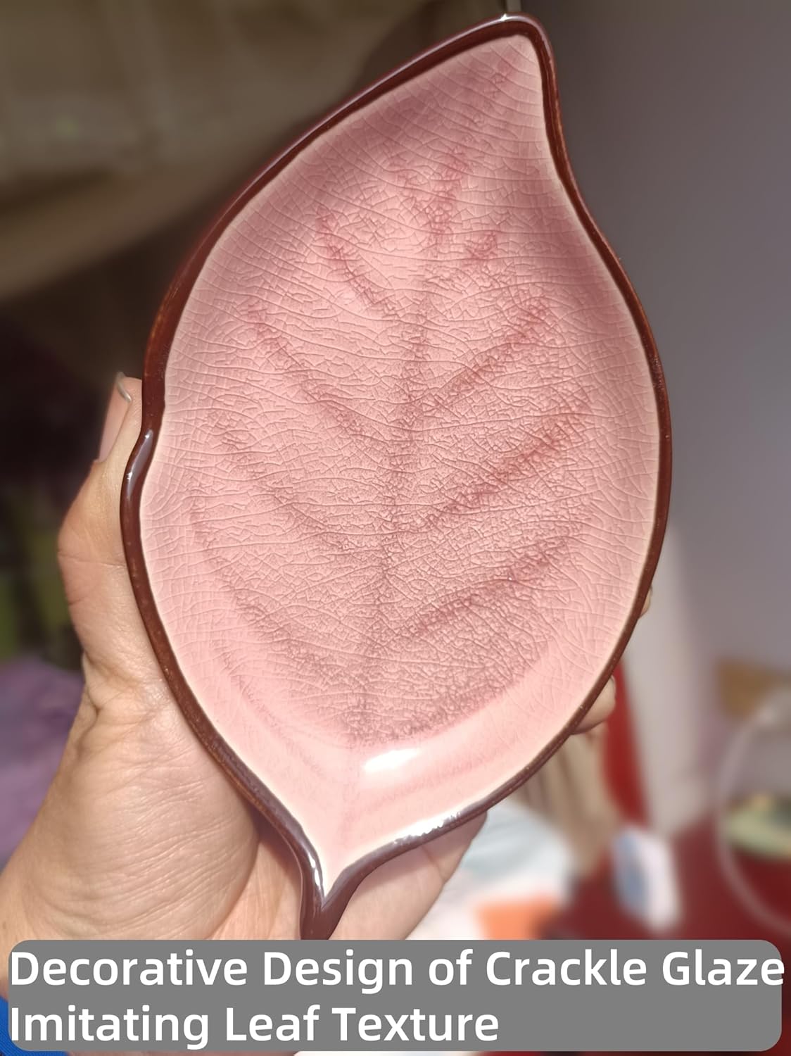 Ceramic Spoon Rest for Stove Top, Ice Cracks Leaf Cute Spoon Rest for Kitchen Counter, Cooking Spoon Holder for Kitchen Counter, Utensil Rest Spatula Rest Ladle Holder Tong Rest, 1 PC (A, Pink)