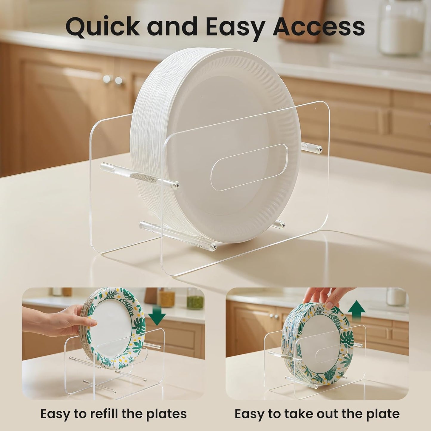 Disposable Paper Plate Dispenser for 7-12 Inch,Clear Acrylic,Round/Square Plastic, Foam & Paper Storage Organizer, for Cabinet, Countertop, Rv or Outdoor Use