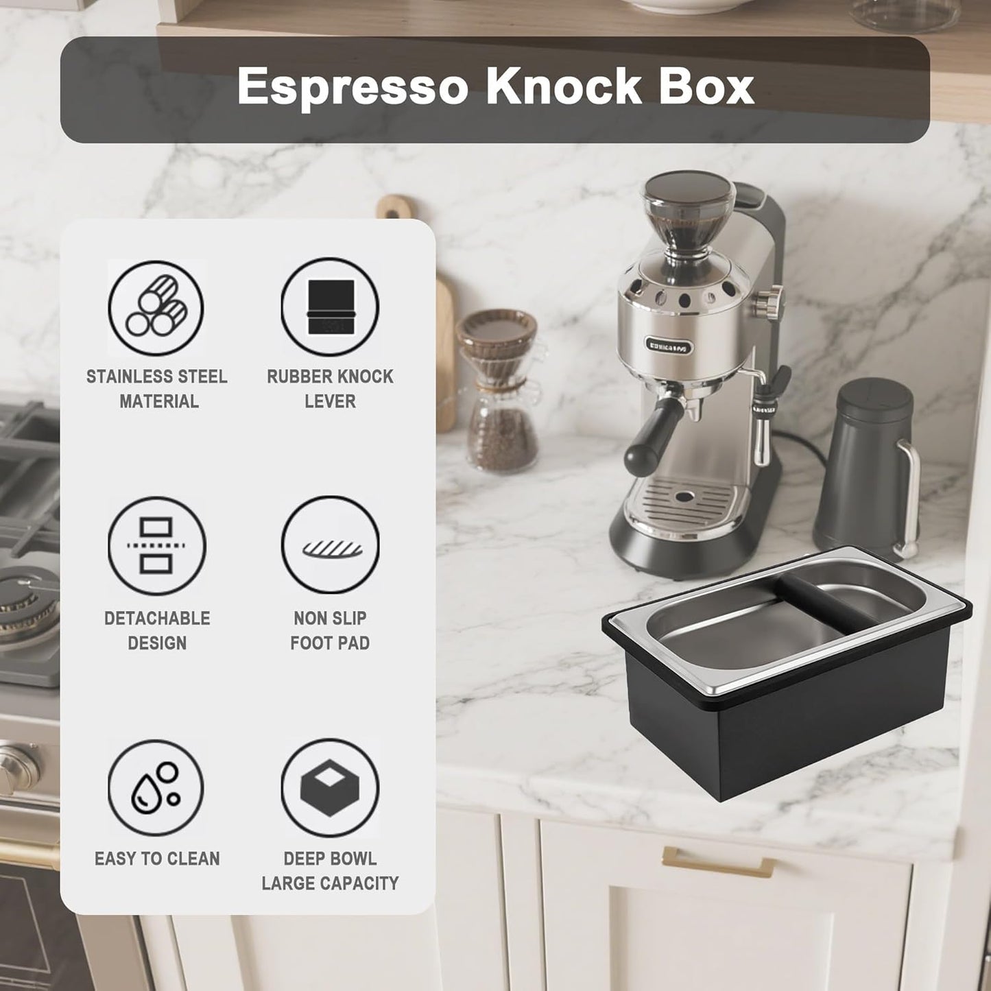 Espresso Knock Box, Coffee Knock Box for Espresso Grounds Disposal, Large Capacity, Equipped with Noise Reduction Rubber Ring & Steel Holder, Ideal Tool for Espresso Machines, Black (Large)