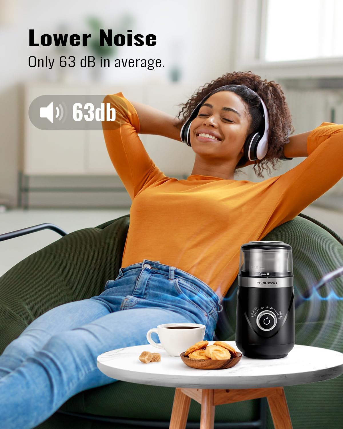 Electric Coffee Grinder with Timing Knob, Electric Quiet Grinder, High-Speed Bean and Spice Grinder with Removable Stainless Steel Bowl, Black