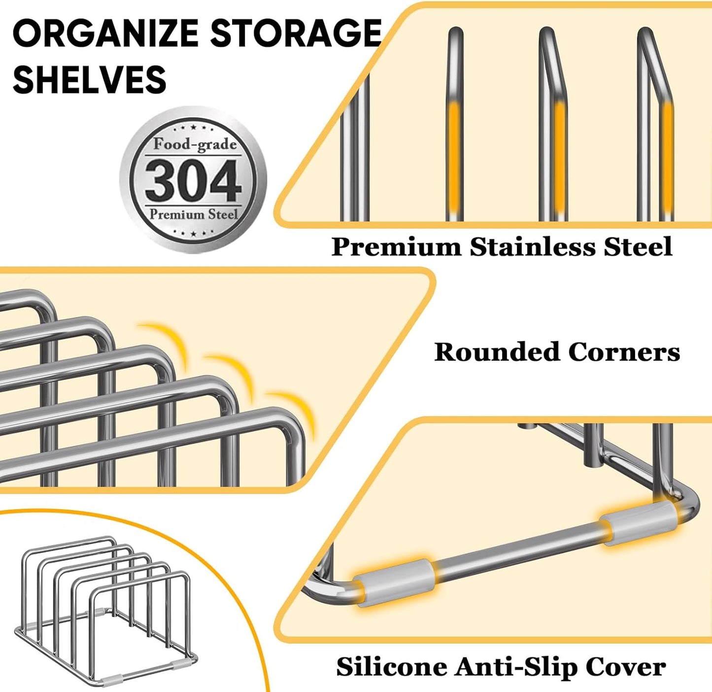 Cutting Board Organizer Stand Holder - 304 Stainless Steel Chopping Board Rack, Pot Pan Lid Holder, Kitchen Shelf for Bakeware, Cookie Sheets, 4-Slot 1.02-Inch Width Design