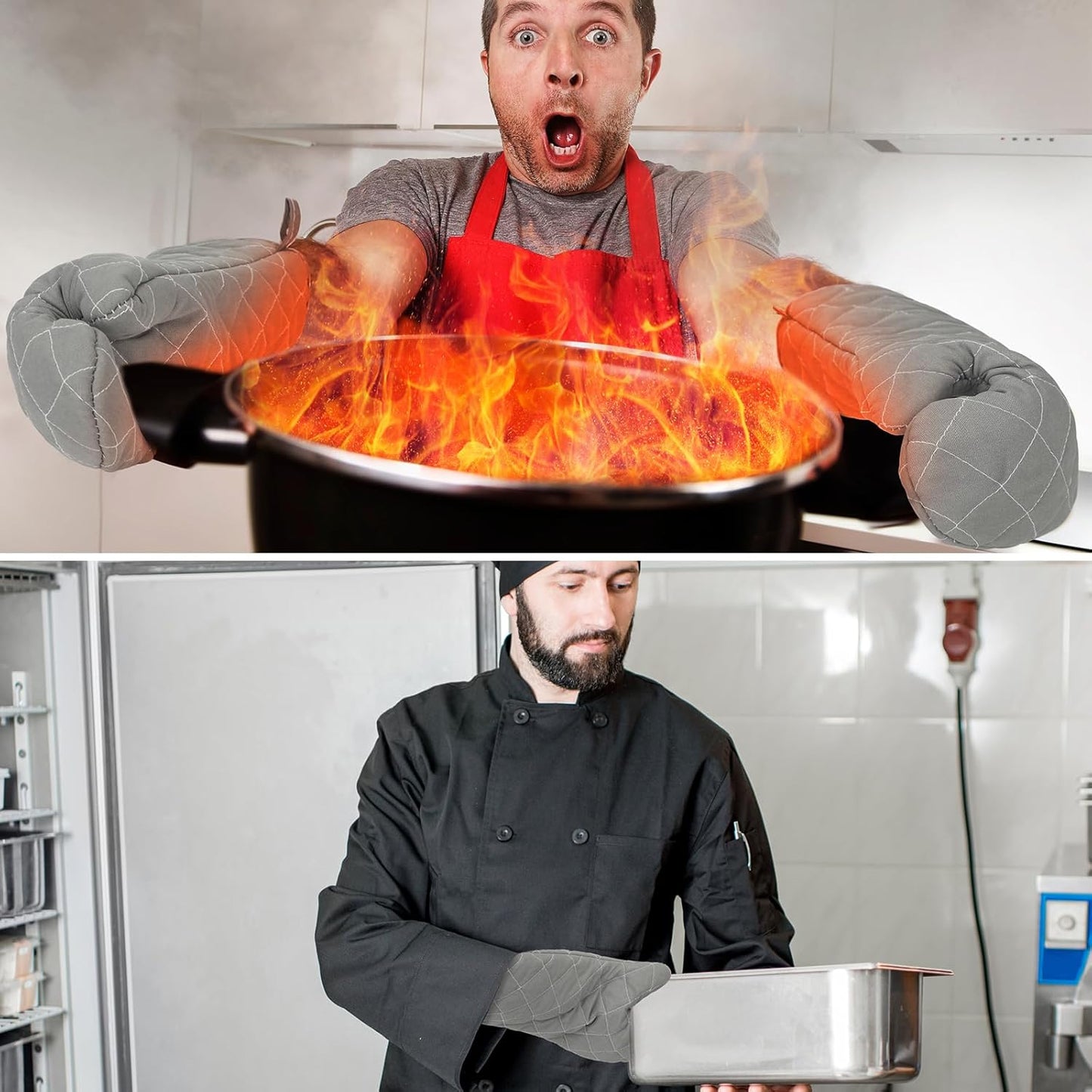 2 Pairs 17 Inch Extra Long Oven Mitts Heat Resistant Cotton Lining Oven Thick Gloves Kitchen Food Service Mittens for Pot Holders Cooking Baking BBQ, up to 482f (Grey)