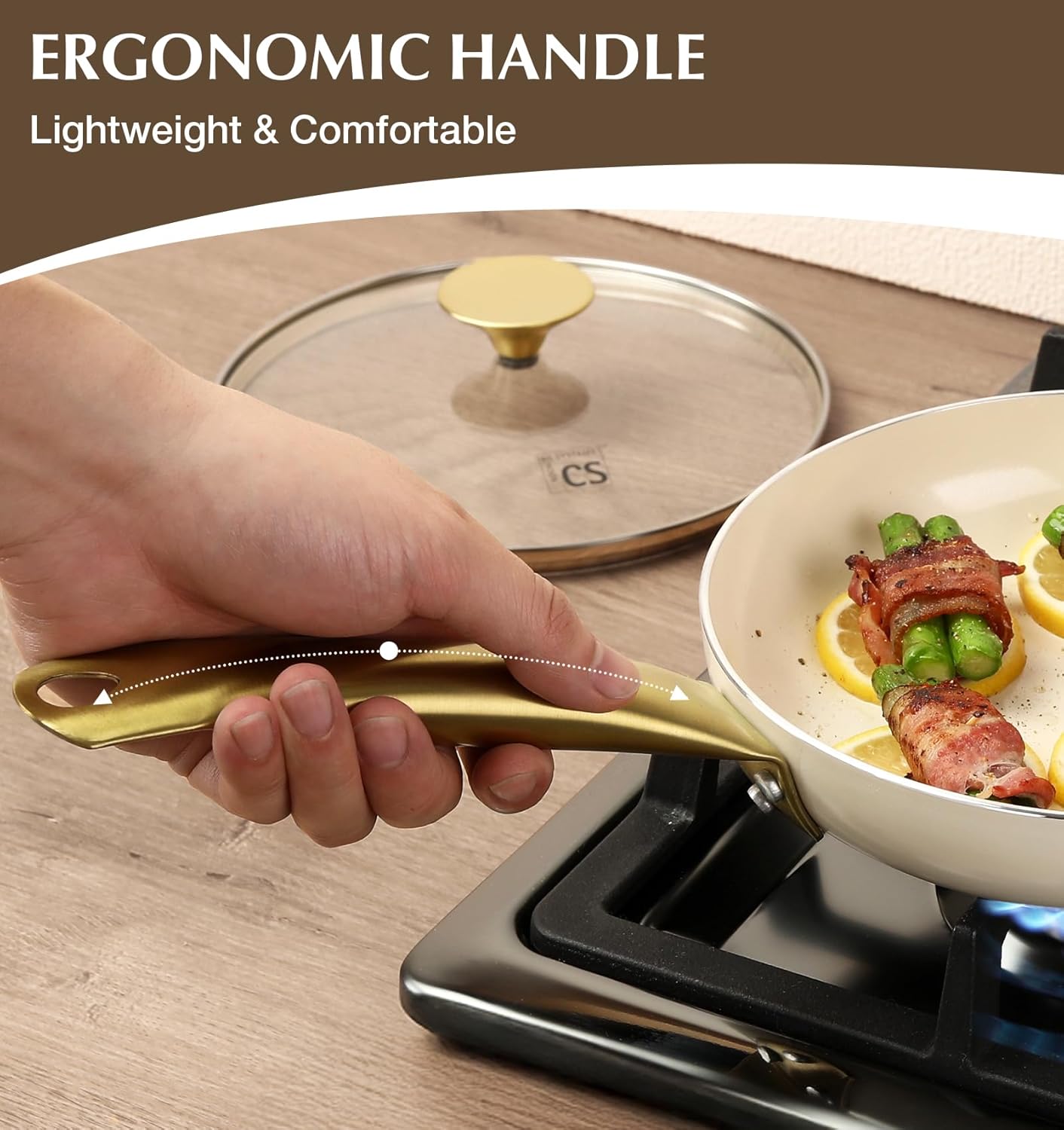 KOCH SYSTEME CS Nonstick Frying Pan with Lid, 8 Inch Non-Stick Skillet with Gold Stay-Cool Stainless Steel Handle, Omelet Pan with Nonstick Ceramic Coating, PFOA Free, Oven Safe, Cream White