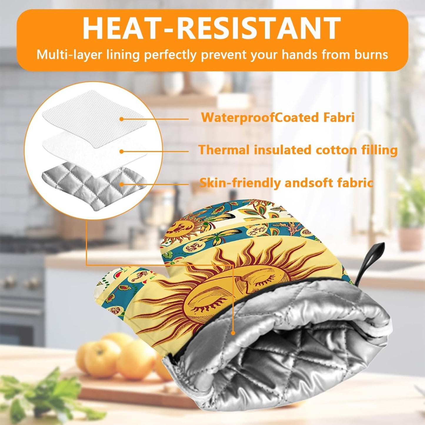 Sun and Moon Oven Mitts and Pot Holders Sets 4Pcs,Extra Long Oven Gloves Potholder for Kitchen Cooking Baking BBQ 100% Cotton Heat Resistant