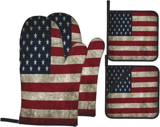 Retro American Flag Oven Mitts and Pot Holders Sets of 4 High Heat Resistant Oven Mitts with Oven Gloves and Hot Pads Polyester Potholders for Kitchen Baking Grilling Non-Slip Cooking Mitts