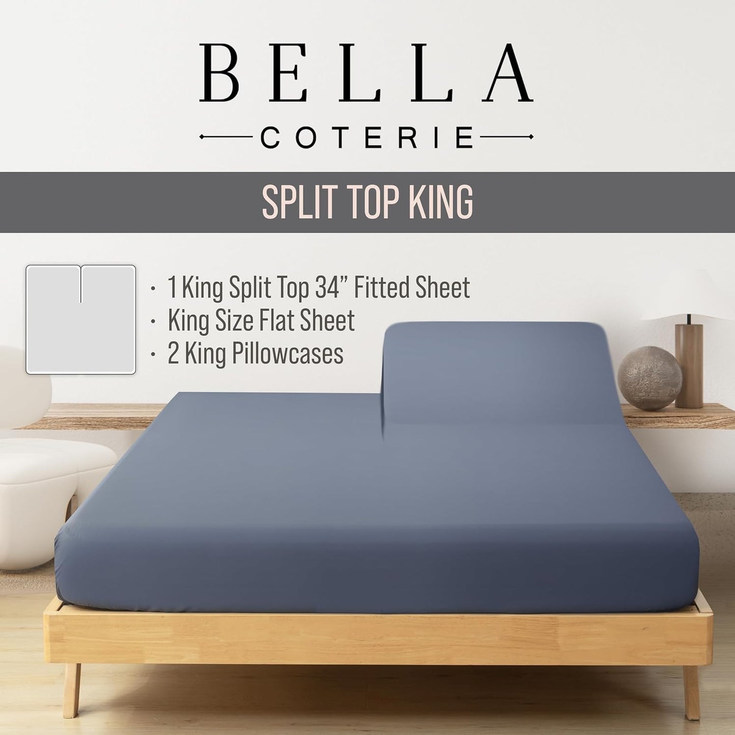 Bella Coterie Luxury Bamboo Viscose Split Top King Size Sheet Set | 100% Organically Grown | Ultra Soft | 34" Split | Cooling for Hot Sleepers | 18" Deep Pocket [Slate Blue]