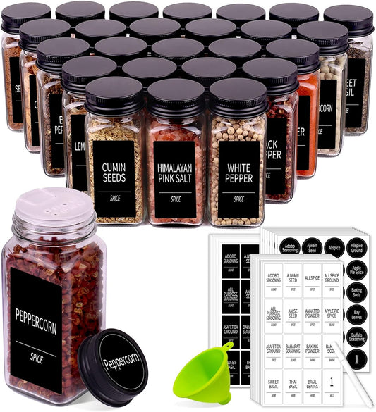 Churboro 25 Spice Jars with 547 Labels- Glass Spice Jars with Black Metal Caps, 4oz Empty Spice Containers with Shaker Lids, Funnel, Chalk Pen, Square Seasoning Bottles for Spice Rack, Drawer, Cabinet