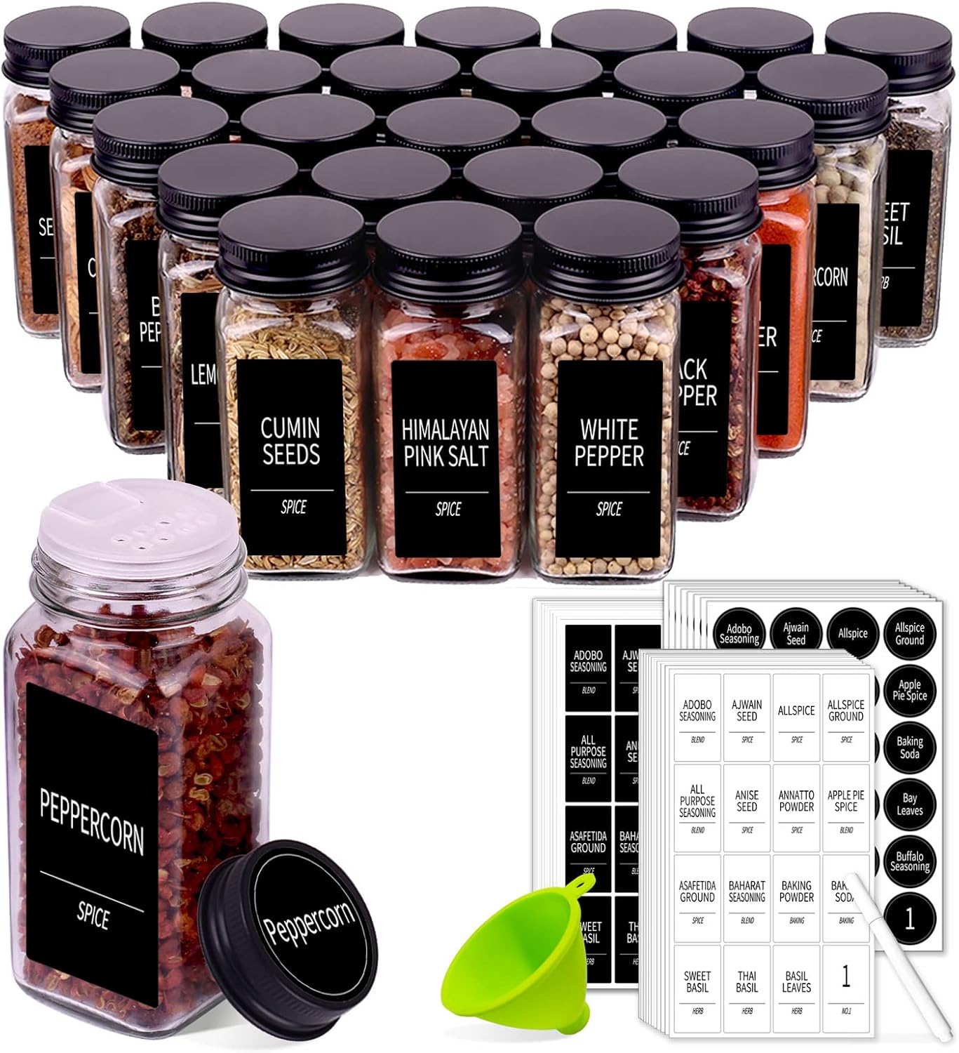 Churboro 66 Spice Jars with 547 Labels- Glass Spice Jars with Black Metal Caps, 4oz Empty Spice Containers with Shaker Lids, Funnel, Chalk Pen, Square Seasoning Bottles for Spice Rack, Drawer, Cabinet