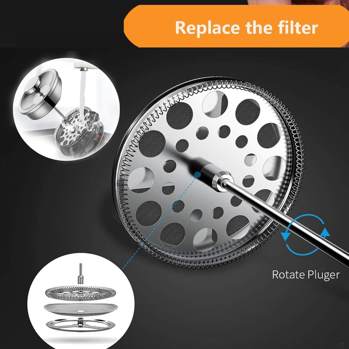 Black French Press Stainless Steel 34oz, Double Wall Insulated Coffee Press 1L for travel camping with 2 Extra Filter Screens and 1 Coffee Spoon（8cup 1000ml）