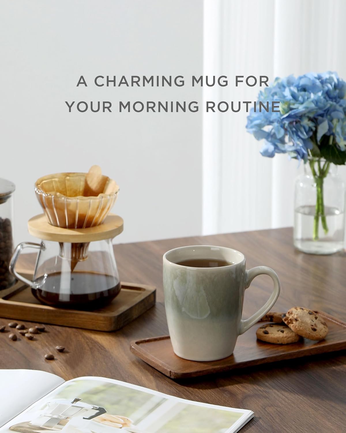 famiware Coffee Mugs Set, 13 oz Mug Set of 6, Stoneware Cups for Latte, Hot Tea, Mocha, Cocoa, Cappuccino, Microwave and Dishwasher Safe, Glacier Series, Sage Green