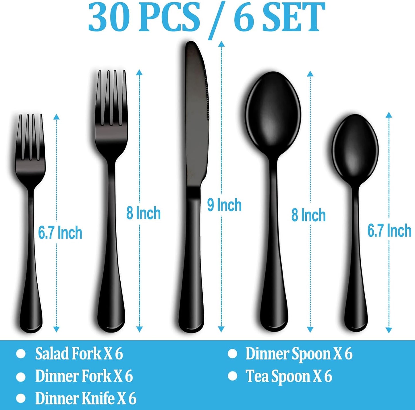 30 Pcs Black Silverware Set, Stainless Steel Flatware Set Service for 6, Mirror Polished Cutlery Utensil Set, Durable Home Kitchen Eating Tableware Set, Include Fork Knife Spoon Set, Dishwasher Safe