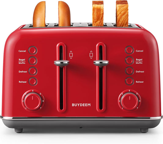 BUYDEEM DT640 4-Slice Toaster, Extra Wide Slots, Retro Stainless Steel with High Lift Lever, Bagel and Muffin Function, Removal Crumb Tray, 7-Shade Settings,Red