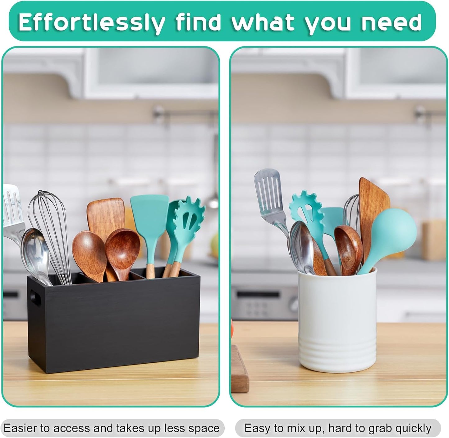 ALELION Black Kitchen Utensil Holder for Countertop - Wooden Large Utensil Caddy Organizer for Counter - 3 Compartment Cooking Utensil Crock for Silverware Spoon Spatula