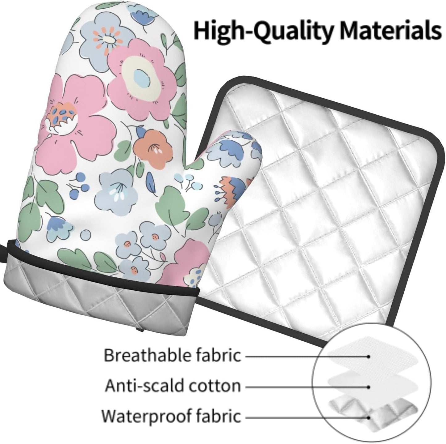 Pink Floral Oven Mitts and Pot Holder Set of 2 Watercolor Flower Heat Resistant BBQ Gloves Hot Pads for Kitchen Baking Cooking Microwave