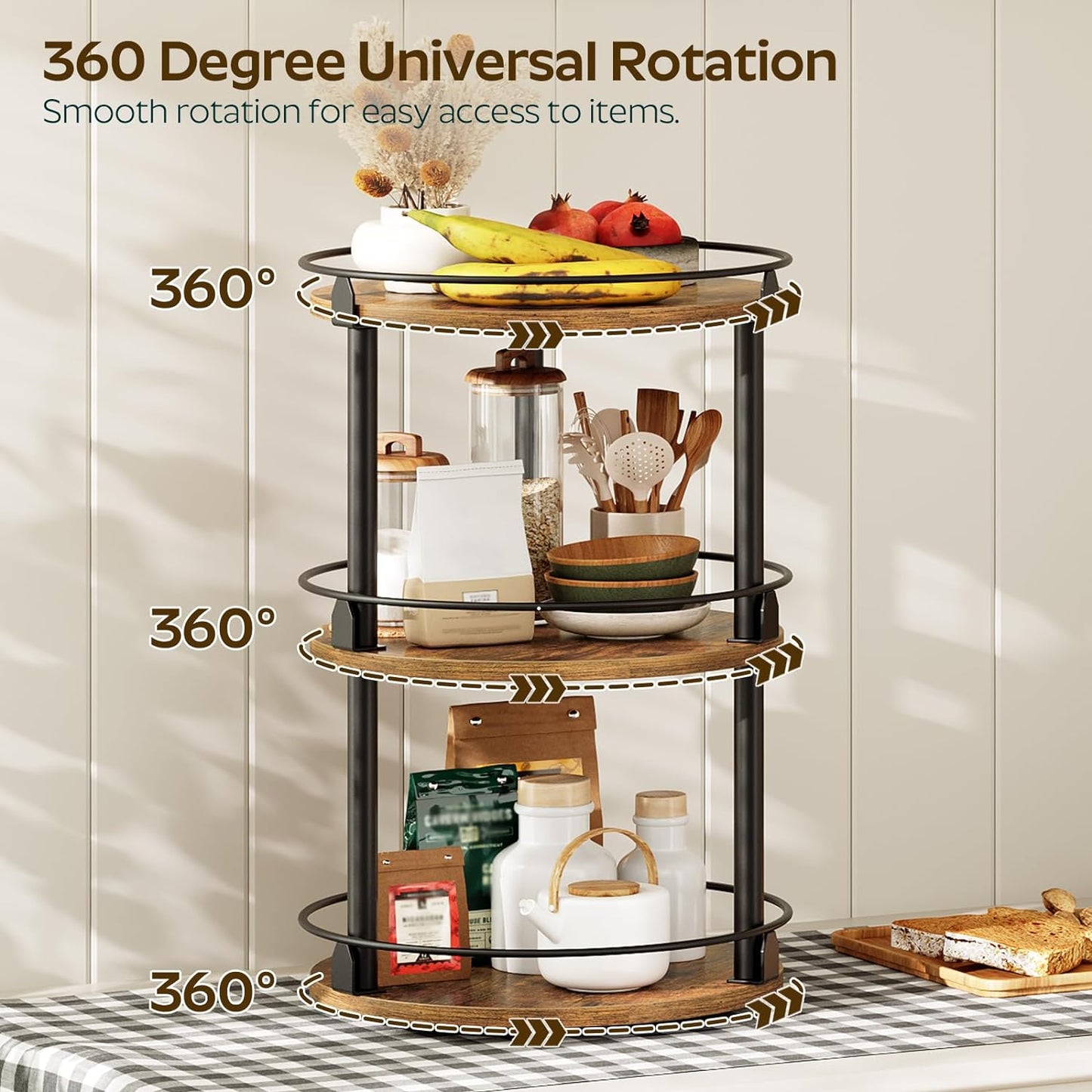 3-Tier Lazy Susan Organizer, Rotating Spice Rack, Spinning Organizer, Industrial Turntable Spice Rack Organizer for Cabinet, Kitchen Countertop, Pantry, Rustic Brown and Black SR23BR