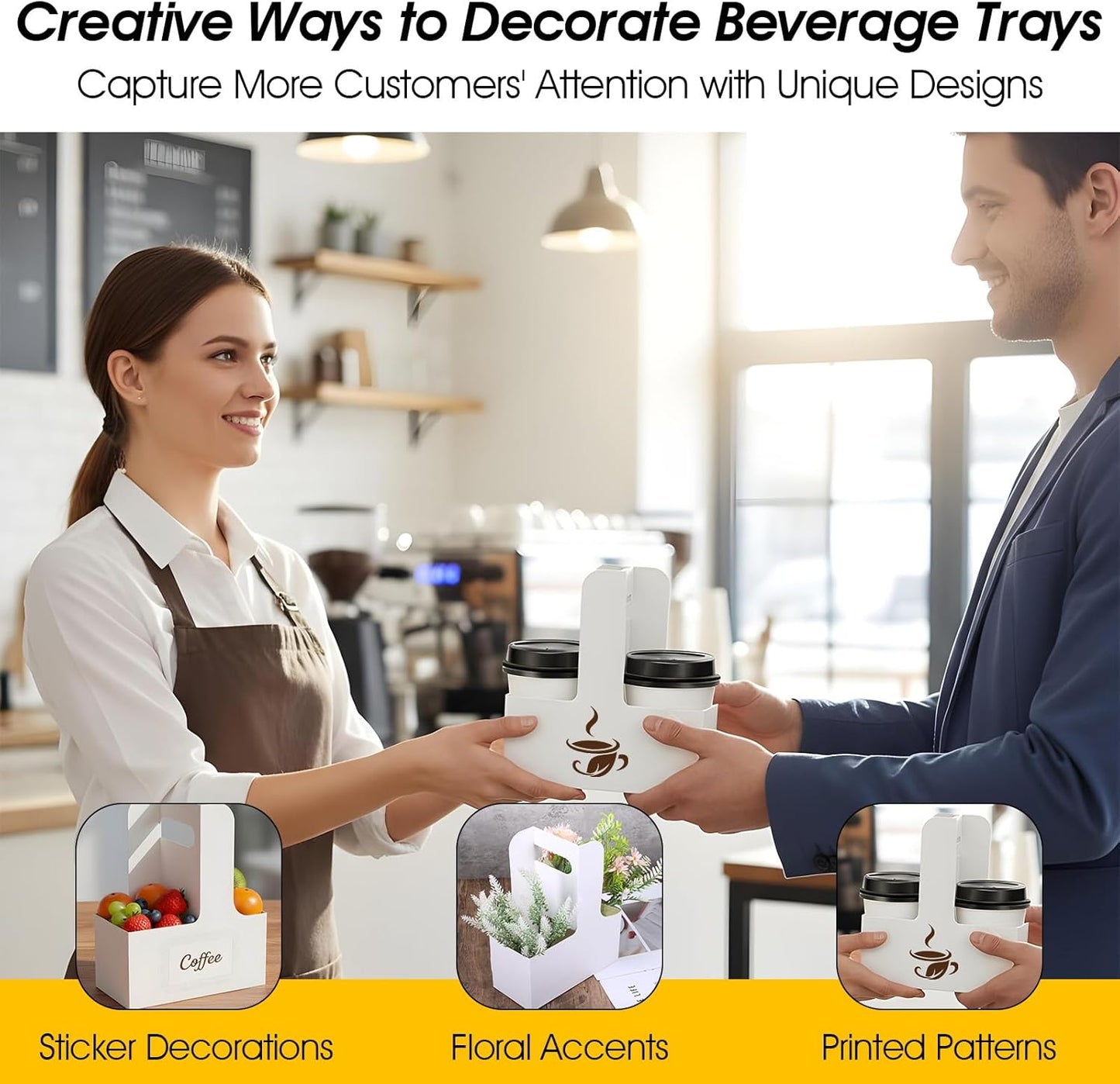 30 Pack 2-Cup Drink Carrier with Handle White Disposable Paper Cup Holder Cardboard 12-30 oz Take Out Cups Carriers for Hot and Cold Drinks Coffee Food Flowers Delivery