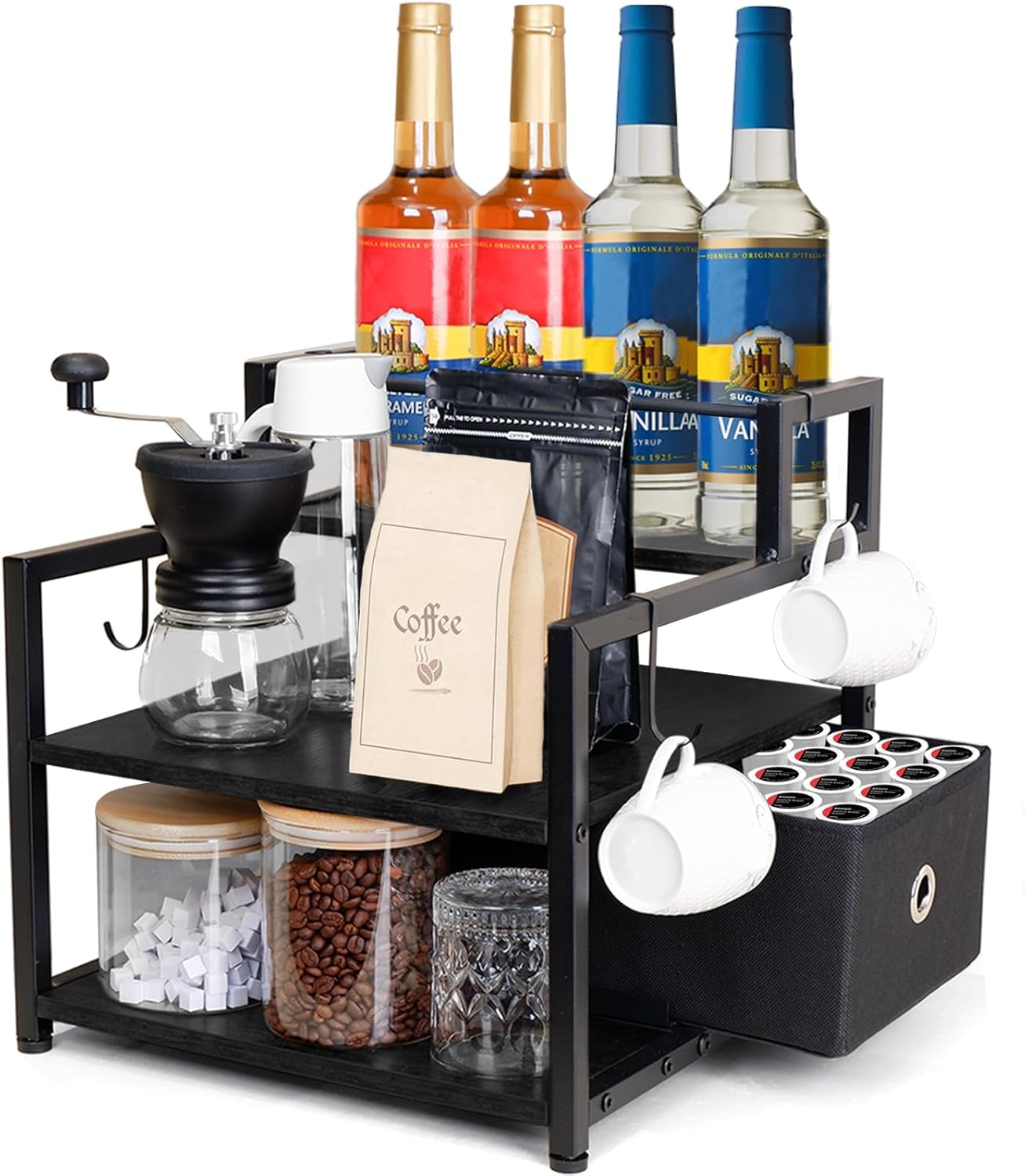 3-Tier Coffee Syrup Organizer (12 Bottles Capacity), Stepped Design Syrup Rack with Fabric Drawer, Liquor Bottle Display Shelf, Bottle Holder for Liquor, Coffee, Spice, Syrup