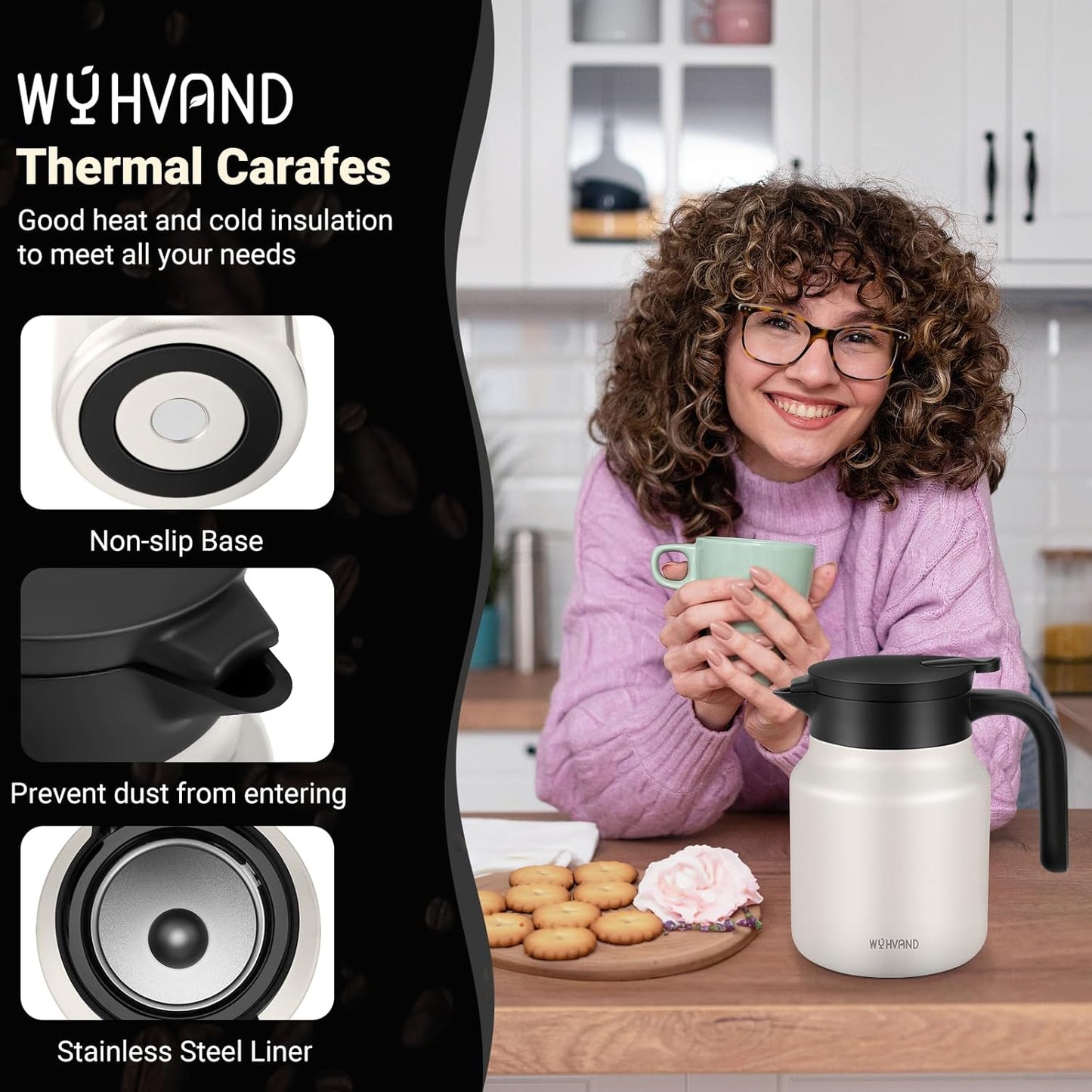 34Oz Thermal Coffee Carafes For Keeping Hot/Cold, Stainless Steel Coffee Carafe, Dustproof Insulated Water Carafe for Party/Home, Cream